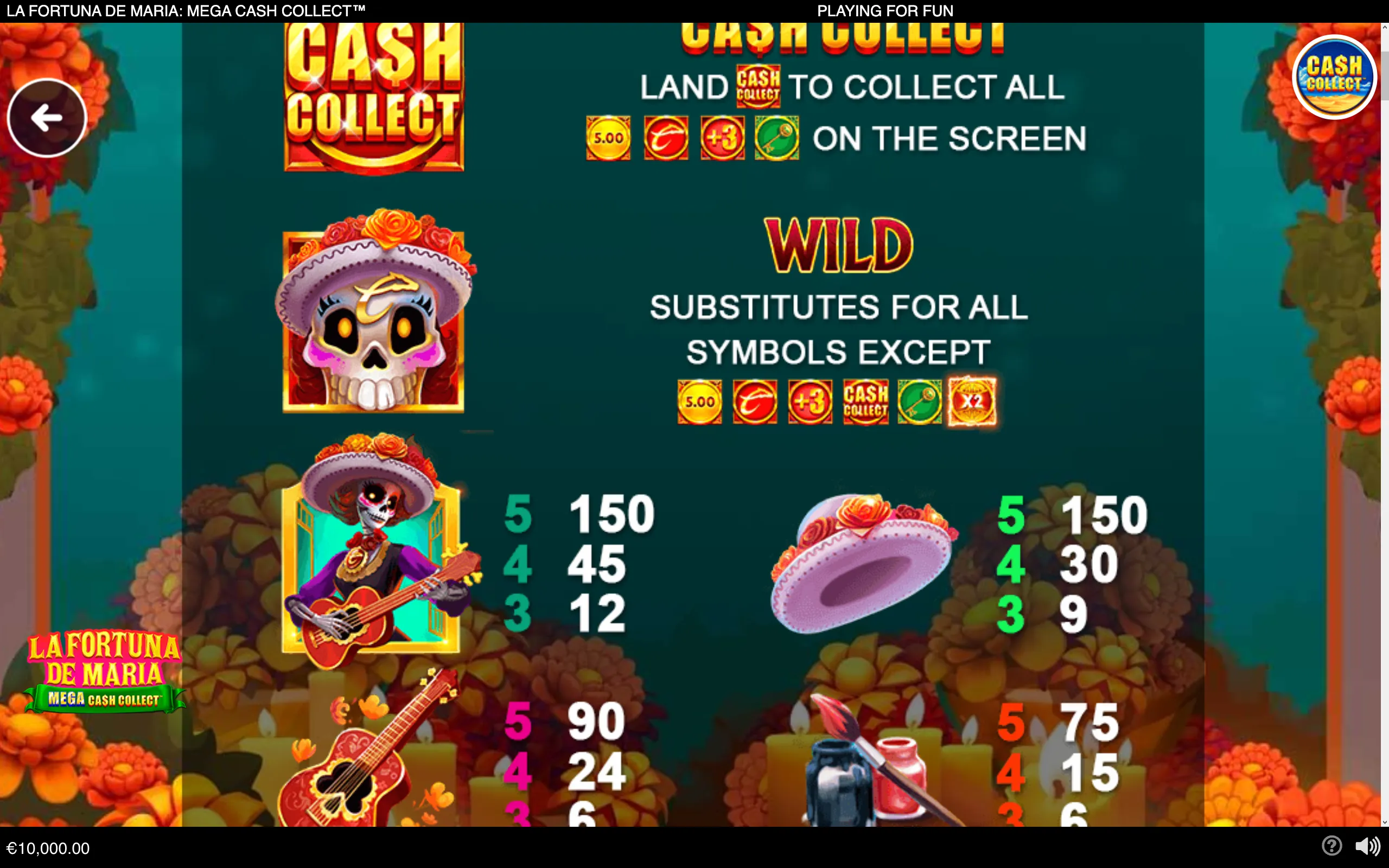 La Fortuna de Maria: Mega Cash Collect slot artwork featuring sugar-skull characters, marigolds, guitars, candles, and a paytable explaining the Wild and cash-collect symbols.