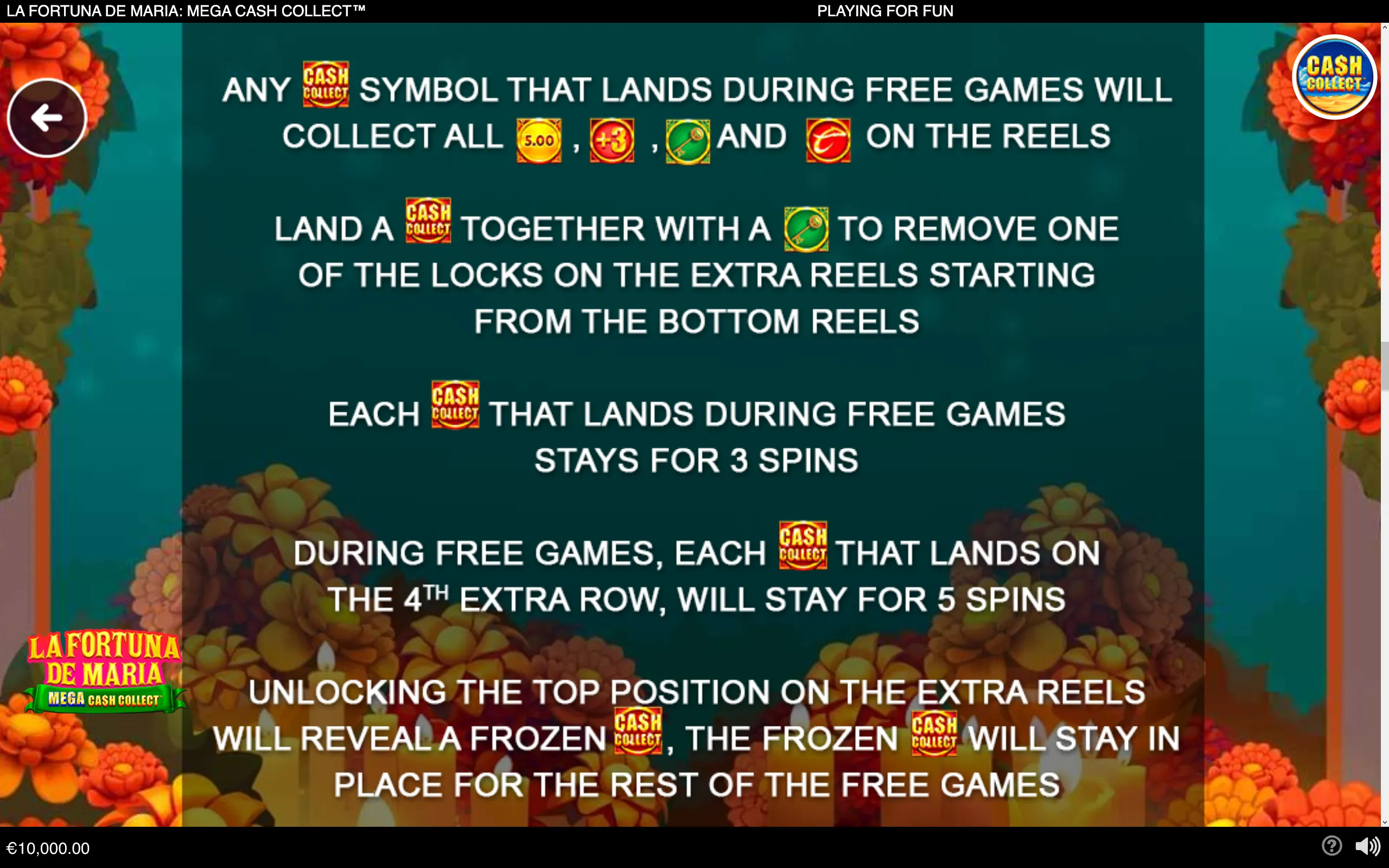 Instructional slot-game rules panel for La Fortuna de Maria: Mega Cash Collect, featuring Cash Collect symbols, coin values, keys, extra reels, and colorful floral Mexican-inspired artwork.