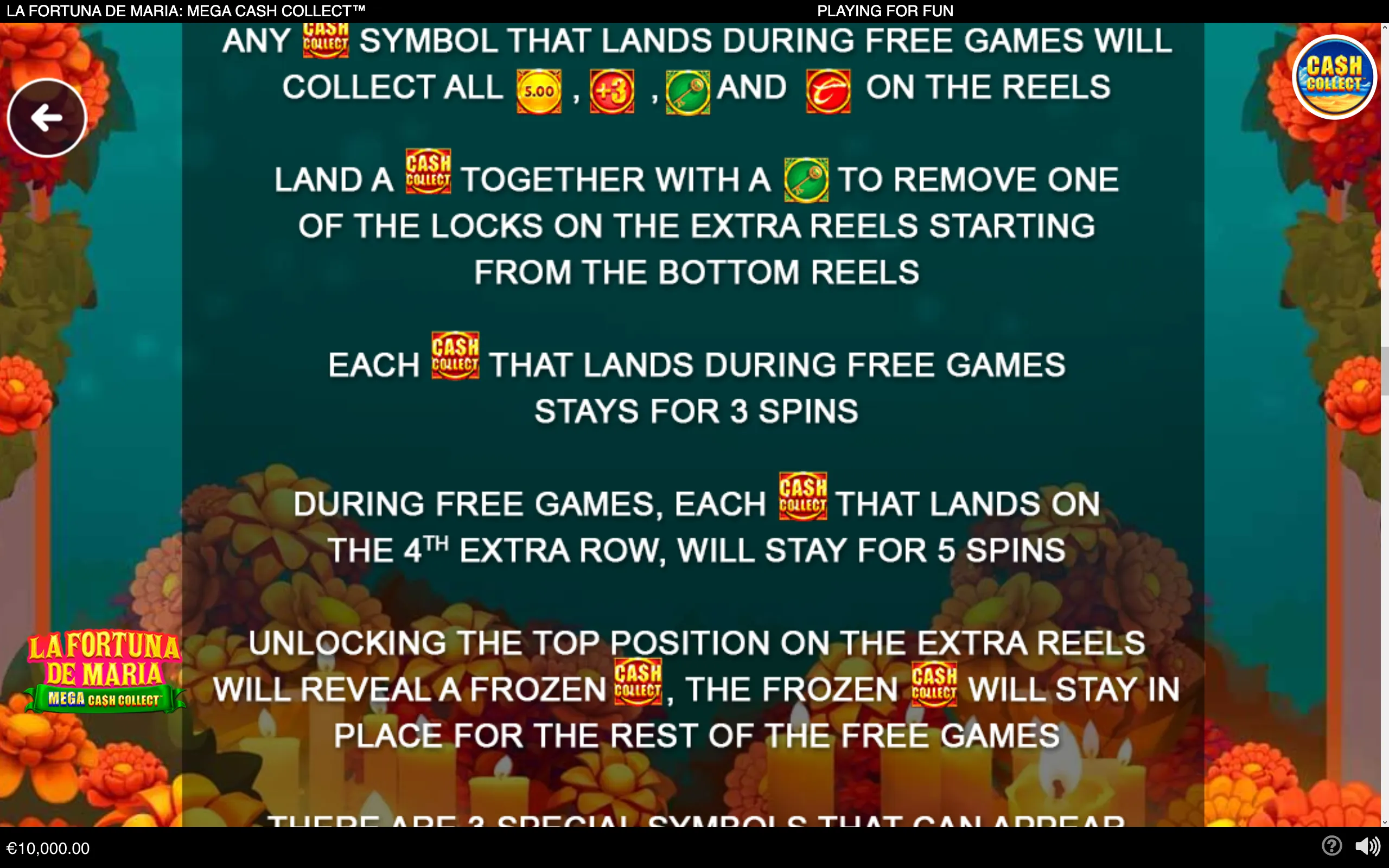 La Fortuna de Maria: Mega Cash Collect feature guide with Cash Collect symbols, extra reels, locked positions, free-game spin durations, and a floral candlelit backdrop.
