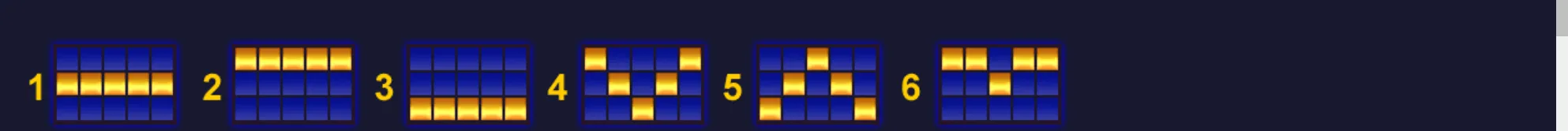 Six numbered blue grid diagrams display gold-highlighted symbol paths in horizontal, diagonal, and staggered patterns against a dark navy backdrop.