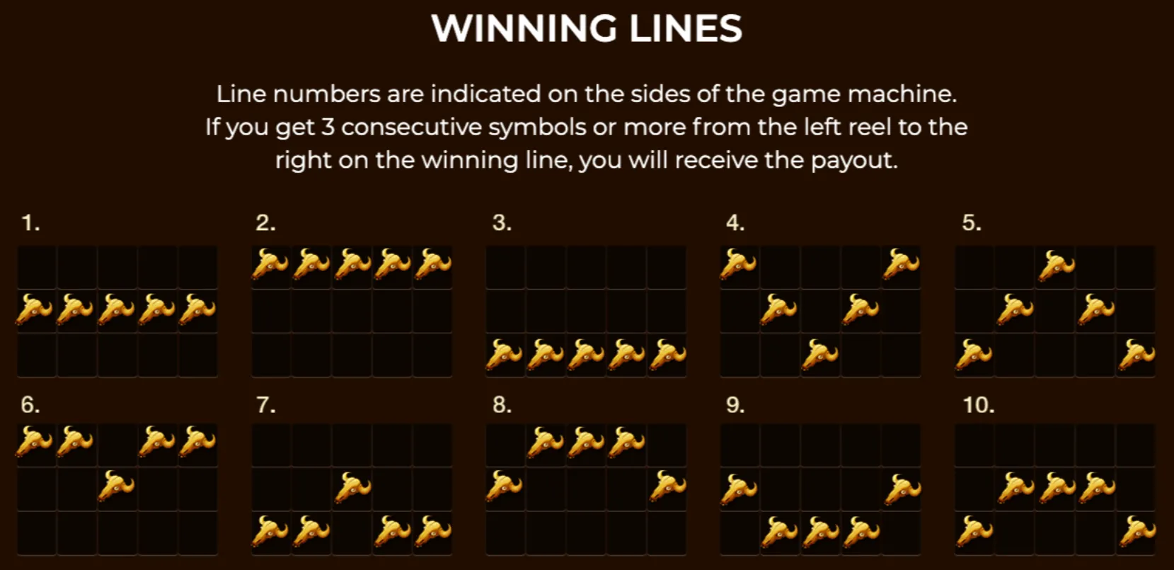 Winning lines guide for Snailtown slot game showing 10 different paylines with consecutive golden snail symbols on a dark grid background.