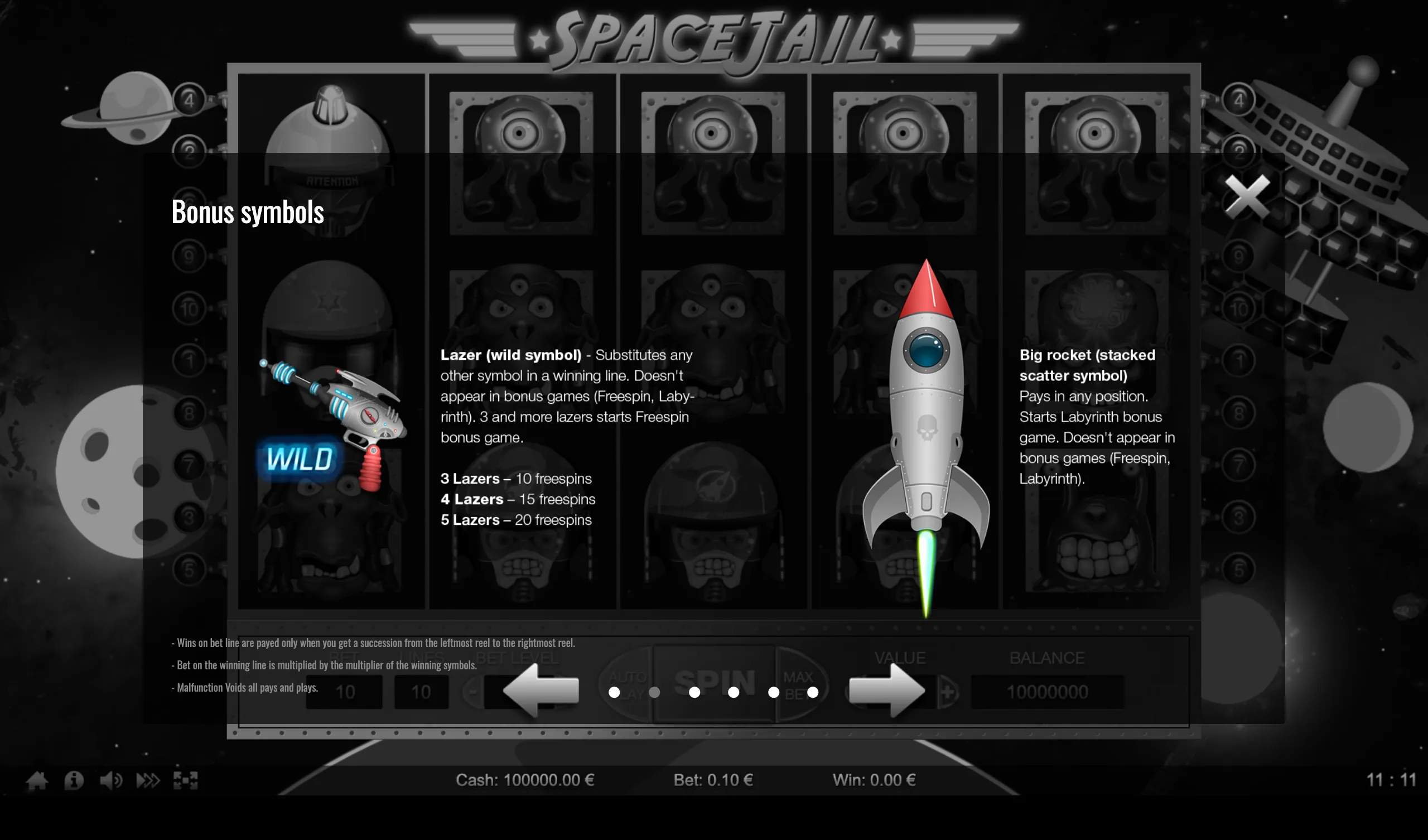 Space Jail slot game bonus symbols include a laser wild symbol that triggers free spins and a big rocket scatter symbol that activates the labyrinth bonus game.