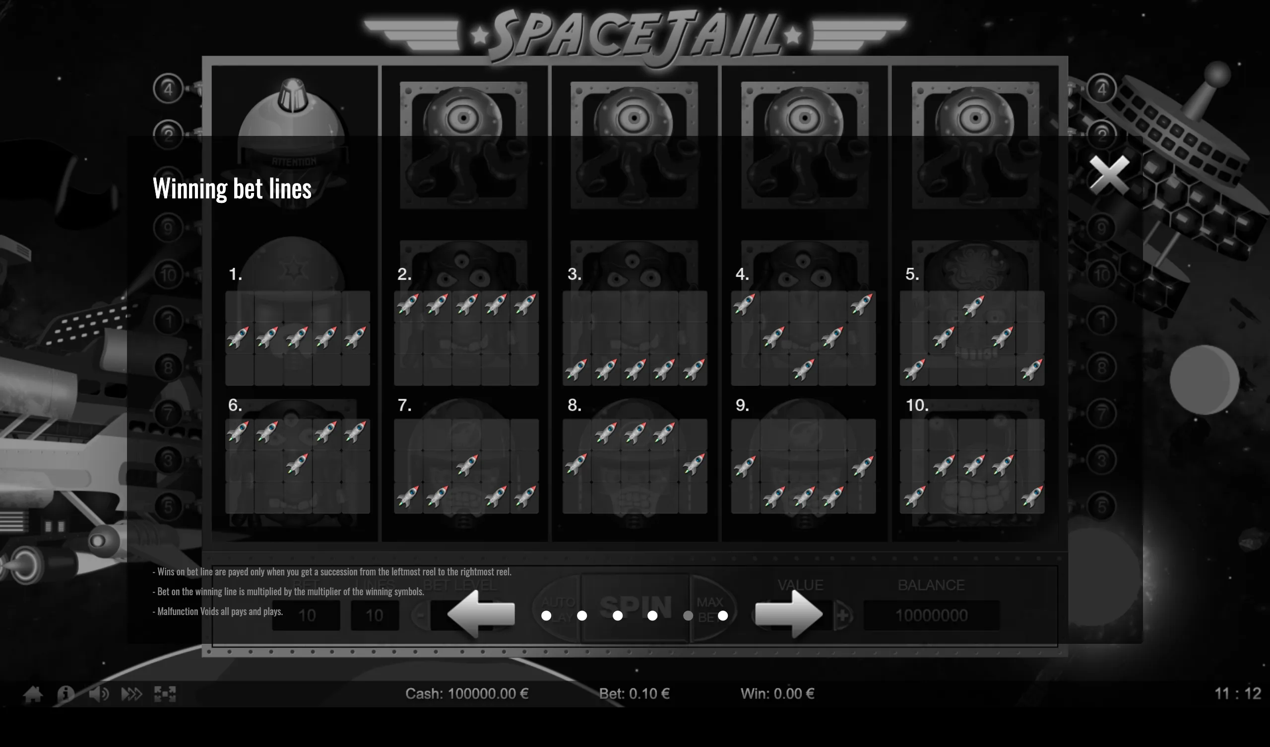 Space Jail slot game interface displaying winning bet lines with rocket ship icons and alien symbols on a space-themed backdrop.