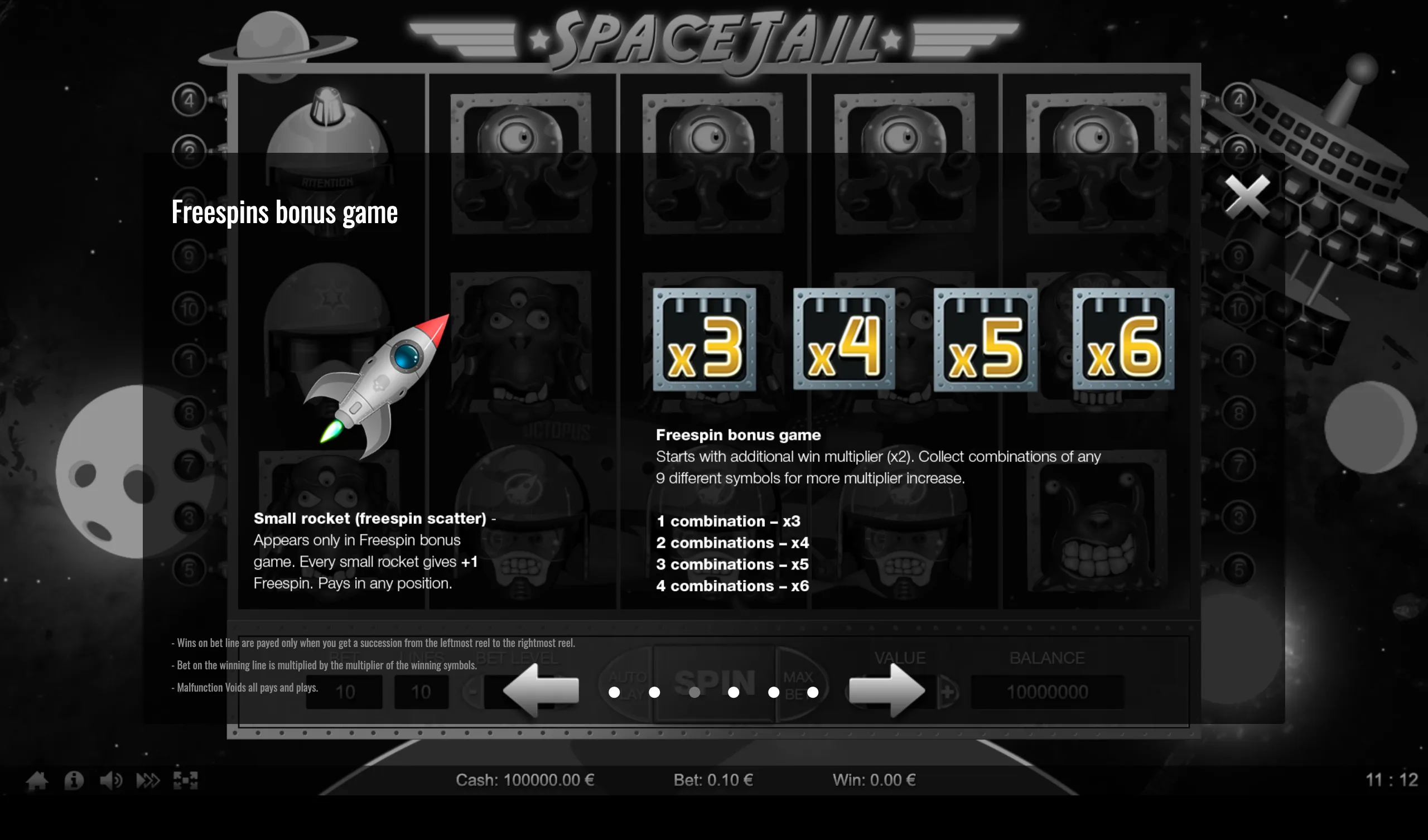 Space Jail slot game interface highlighting the freespins bonus game with a small rocket scatter symbol and multiplier values from x3 to x6.