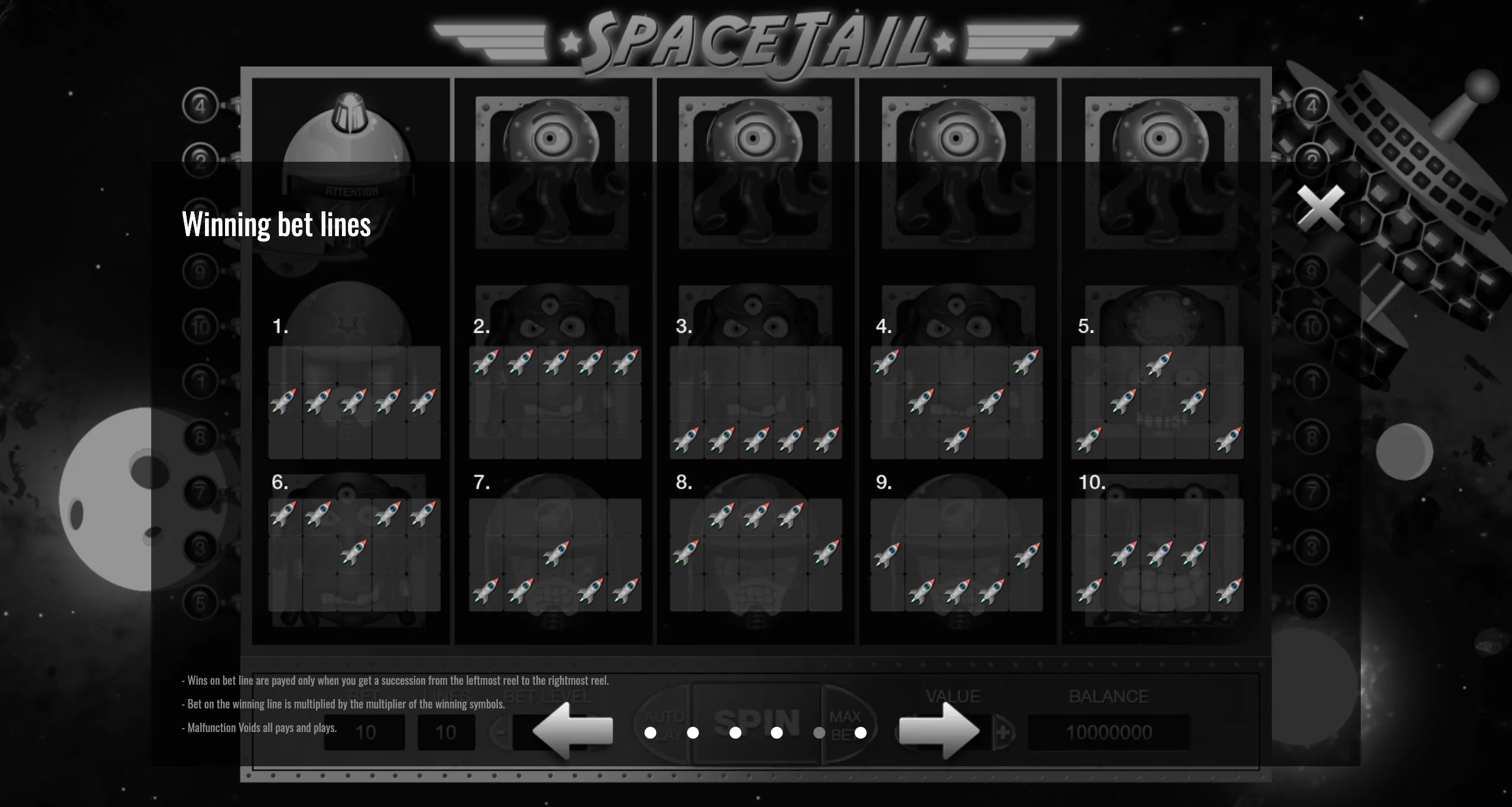 Space Jail slot game interface showing winning bet lines with rocket ship icons marking paylines over alien and space-themed symbols.