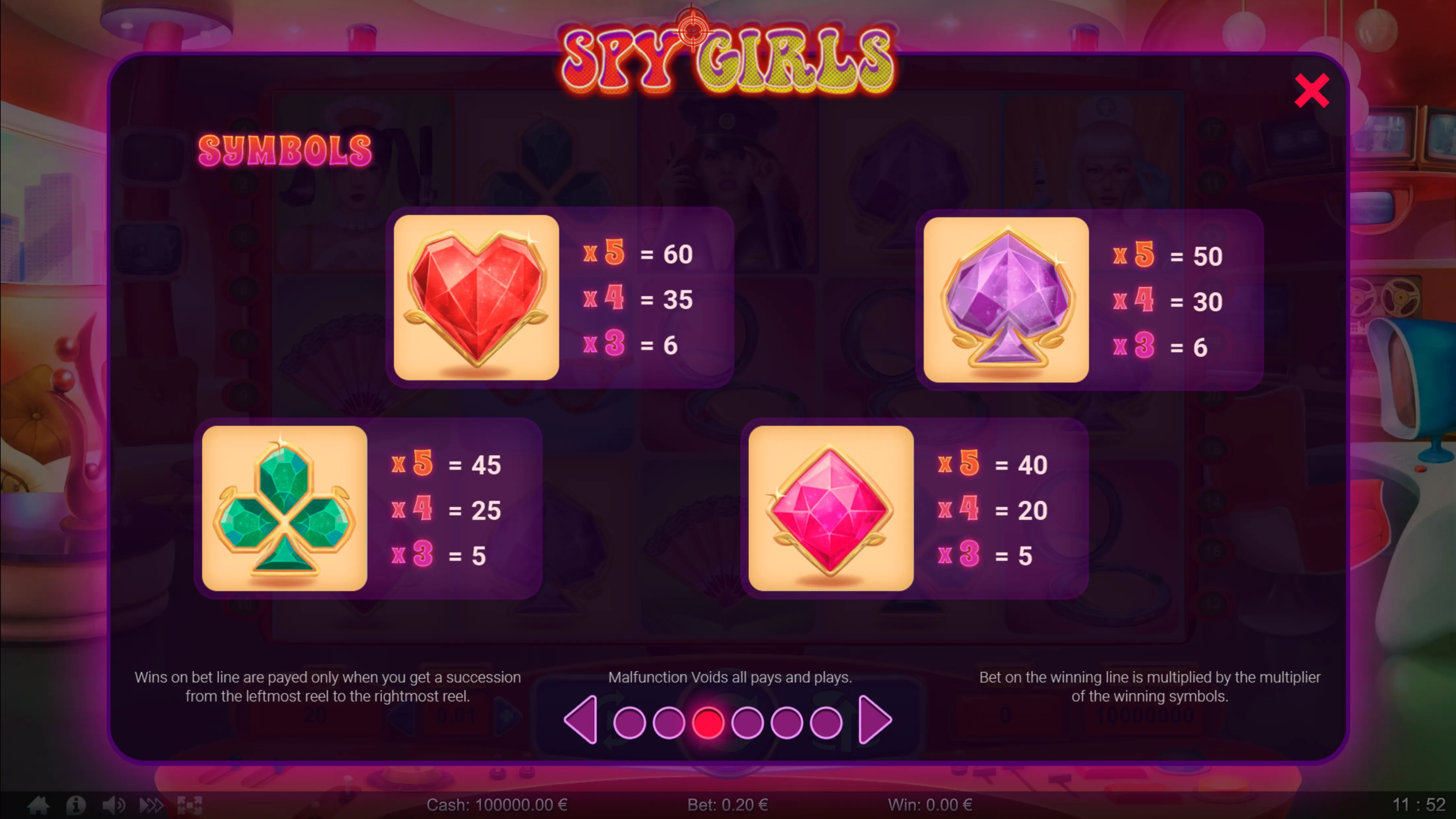 Brightly colored card suit symbols in red, purple, green, and pink with associated payout values for combinations of 3, 4, and 5 in the Spy Girls slot game.
