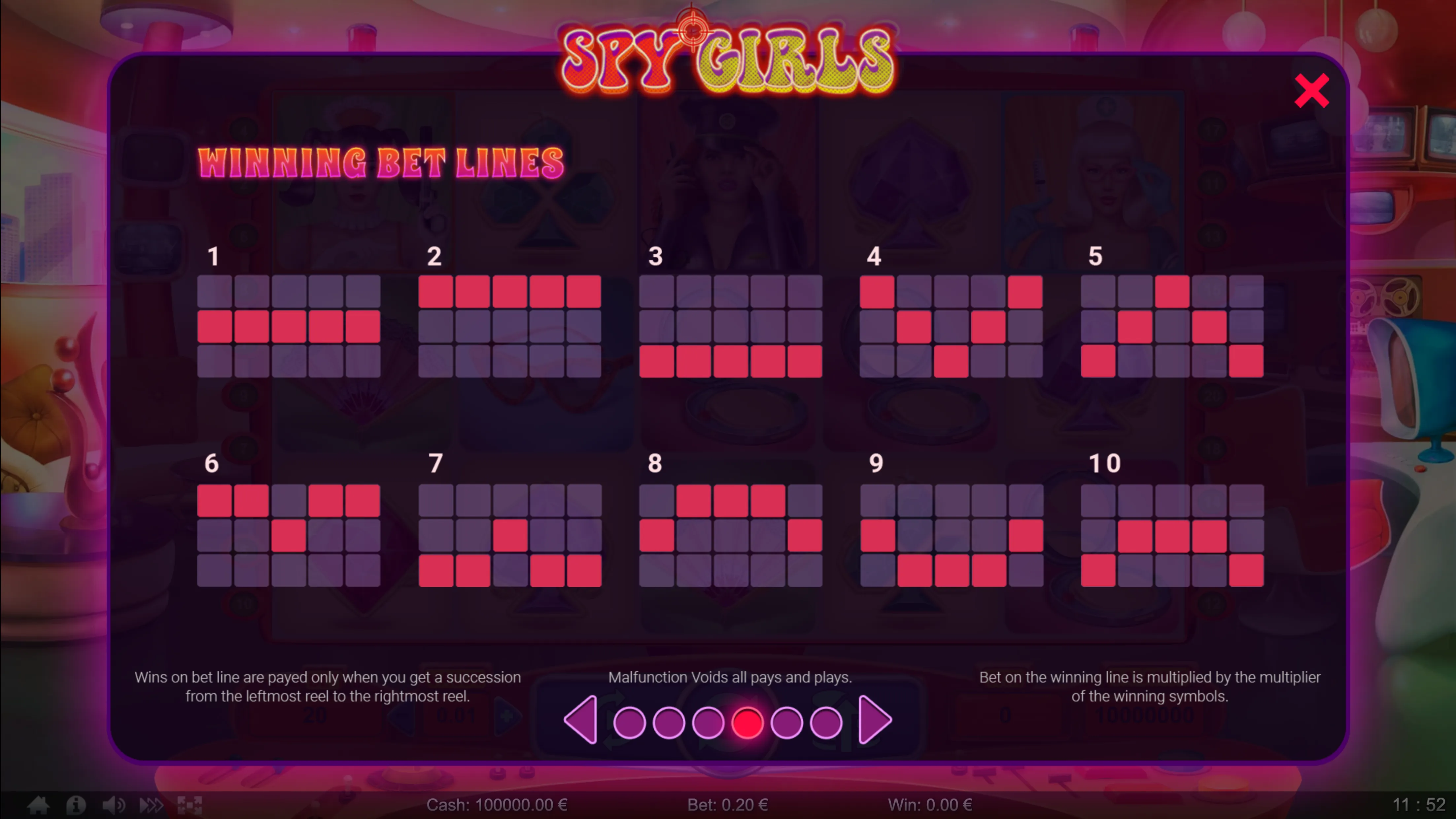Winning bet lines layout for Spy Girls slot game, showing 10 different paylines highlighted in red on a grid.