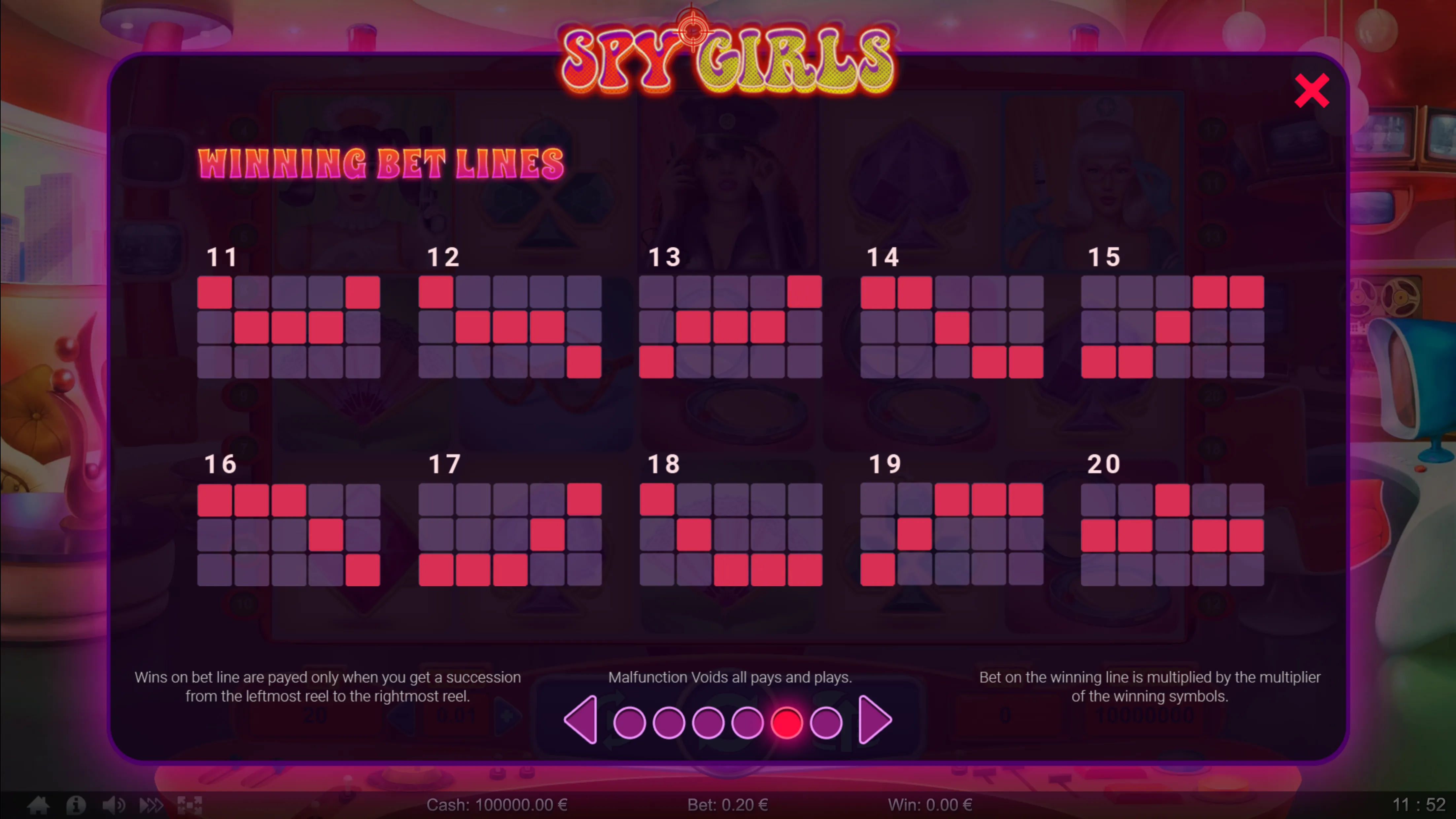 Winning bet lines layout for the Spy Girls slot game showing 11 to 20 paylines with highlighted paths on a dark purple grid.
