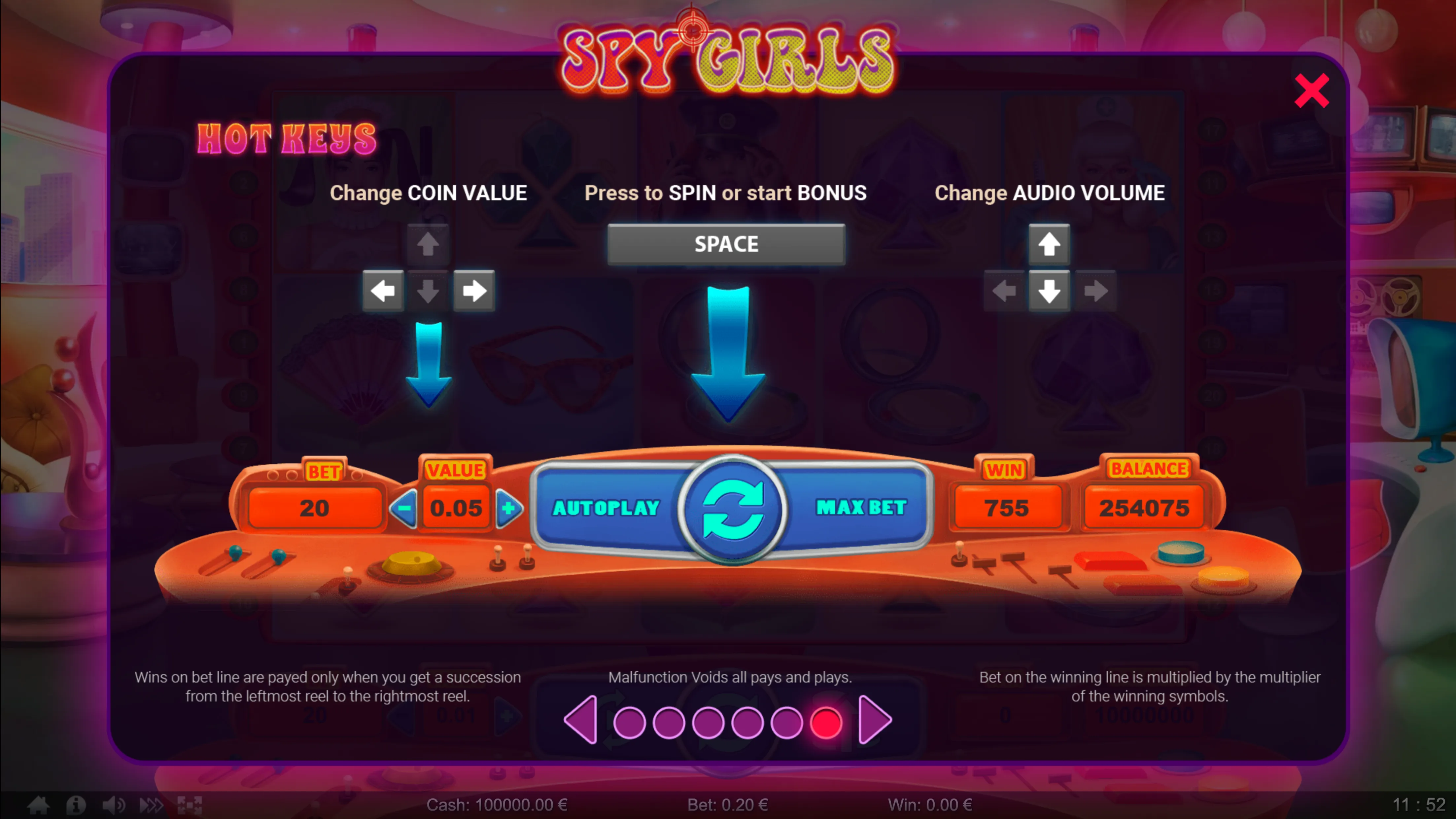 Spy Girls slot game interface highlighting hotkeys for coin value, spin, bonus start, and audio volume with colorful control buttons and arrows.
