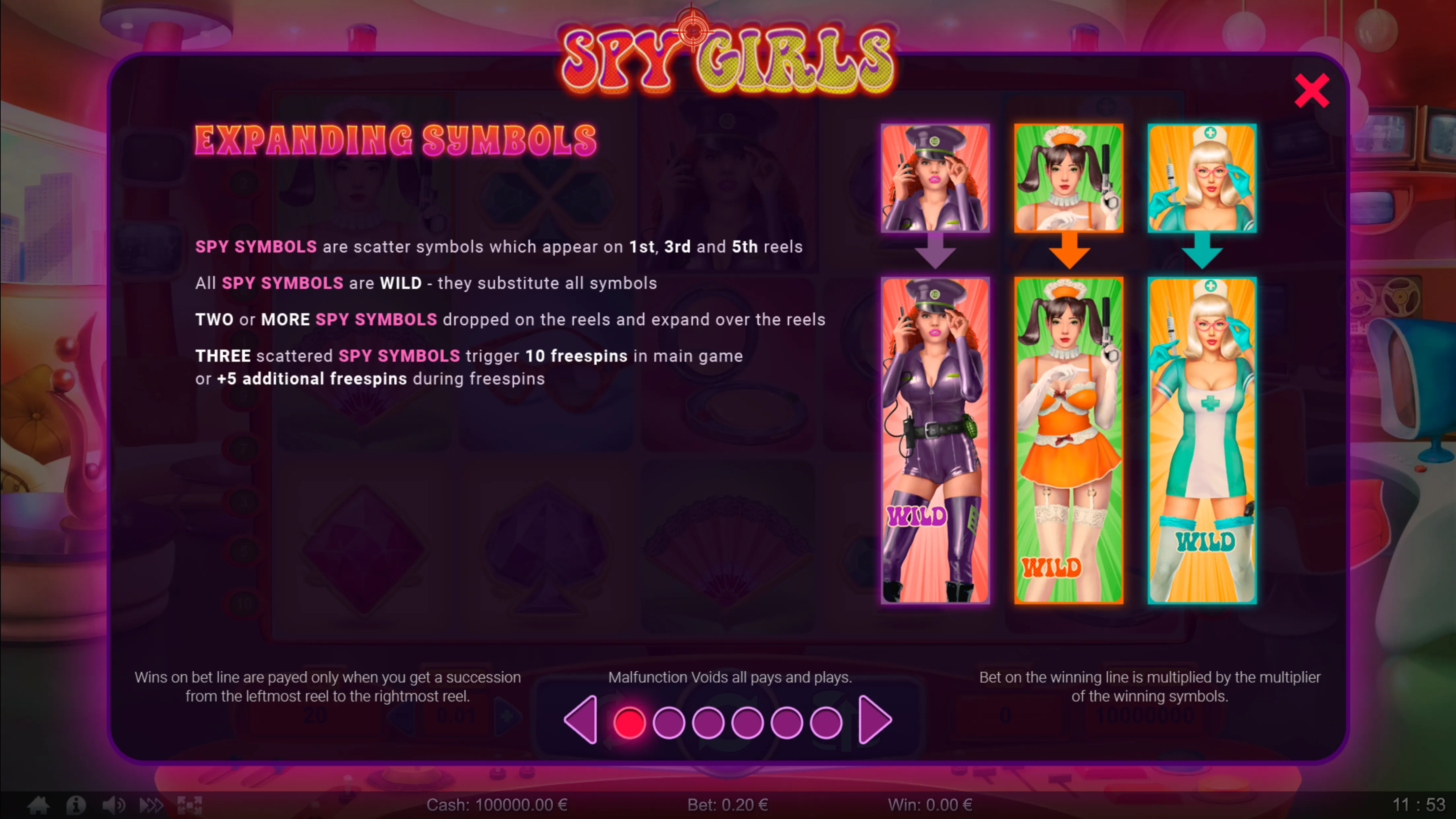 Spy Girls slot game expanding symbols info screen showing three female spy characters as wild scatter symbols that expand and trigger free spins.