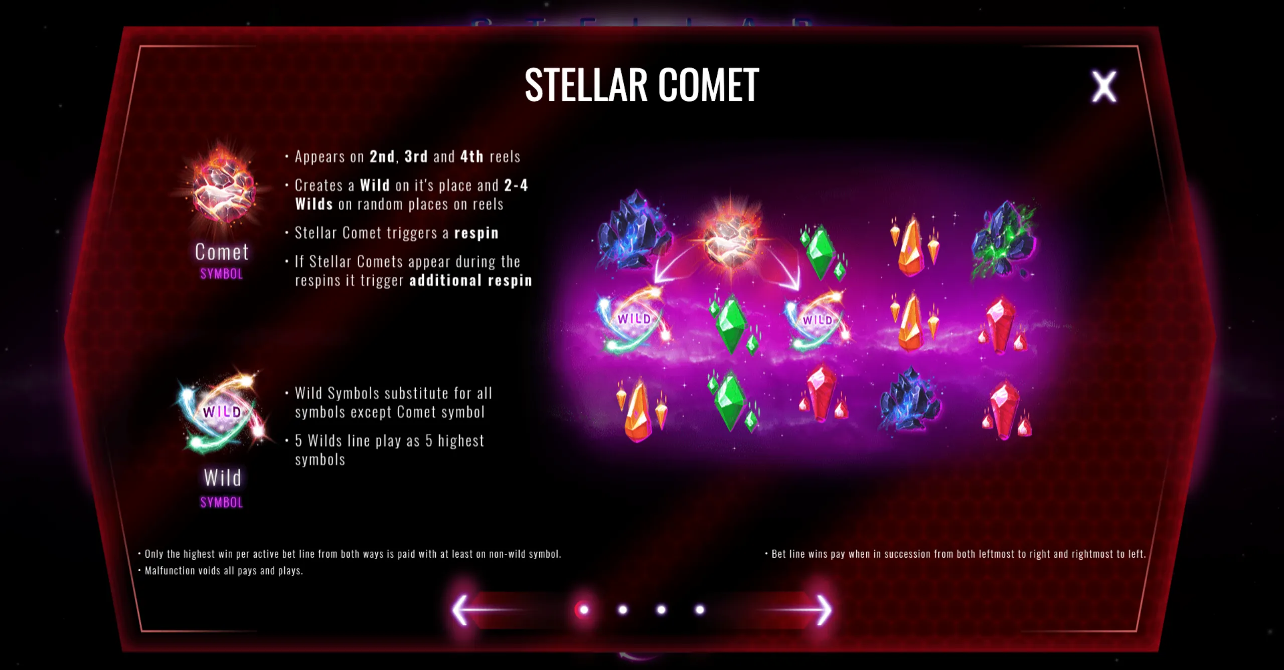 Stellar slot game features colorful cosmic crystals and a fiery comet symbol that triggers wilds and respins on a vibrant purple galaxy backdrop.