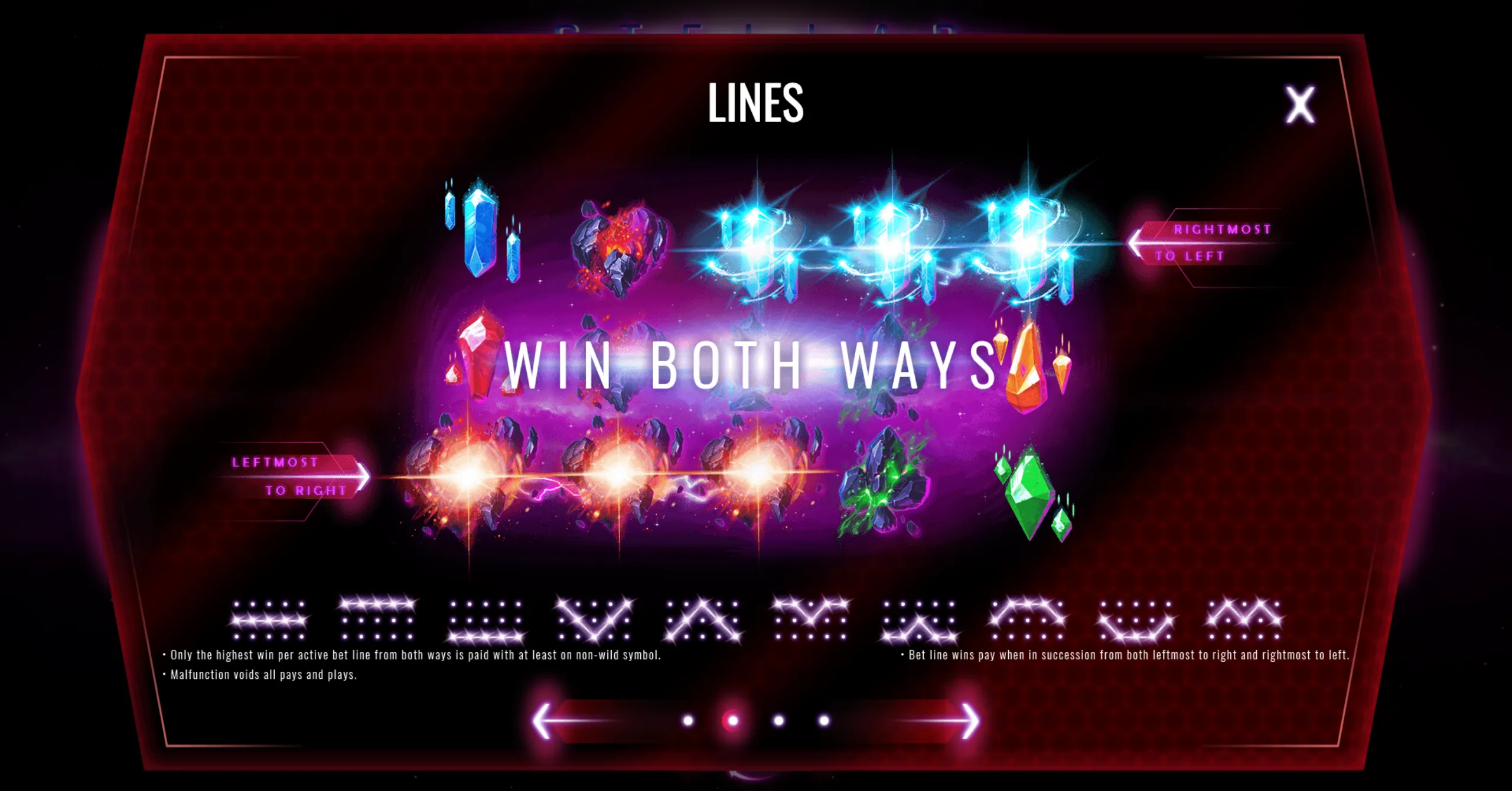 Bright neon-colored crystal and gem symbols with glowing effects illustrate the 'win both ways' feature of the Stellar slot game.