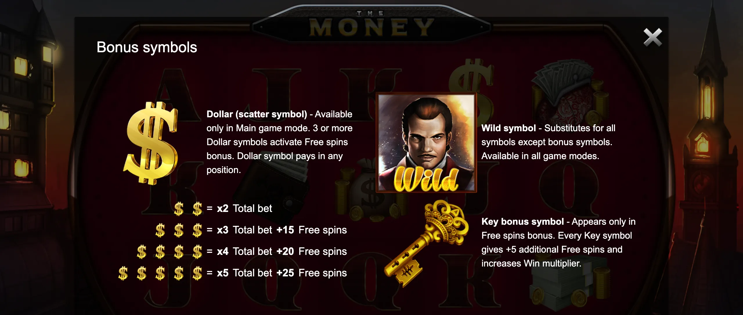Bonus symbols in The Money slot game include a golden dollar scatter symbol, a wild symbol featuring a man, and a golden key symbol that triggers free spins and multipliers.