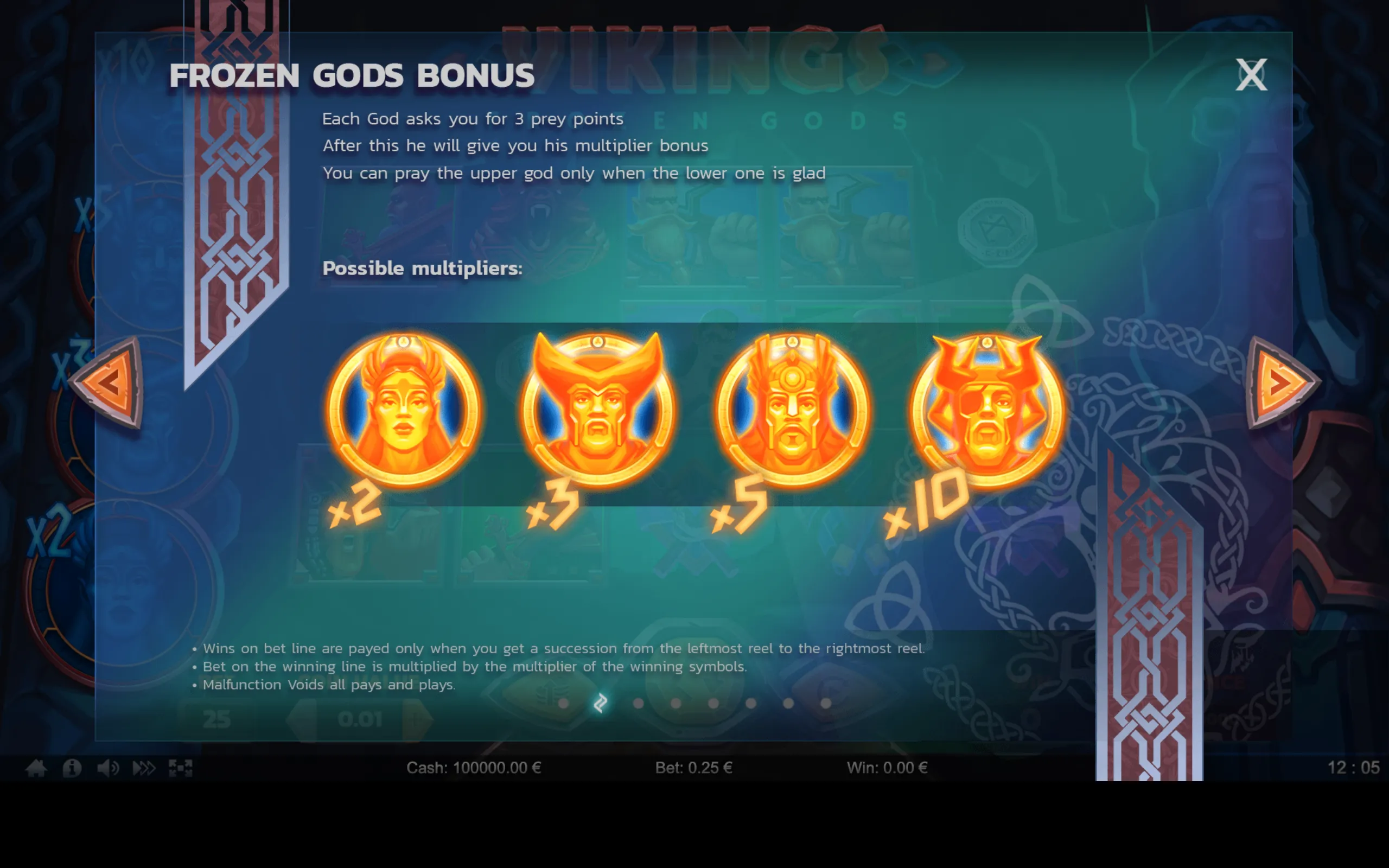 Vikings Frozen Gods slot game bonus screen showing the Frozen Gods Bonus multipliers with Viking god icons and explanatory text.