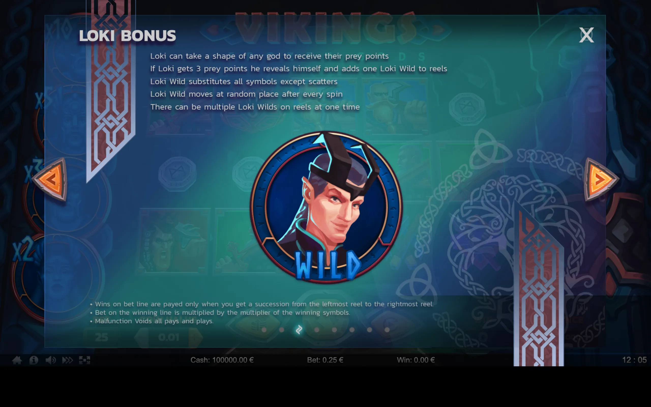 Loki Bonus feature details with a stylized portrait of Loki as a wild symbol in the Vikings Frozen Gods slot game