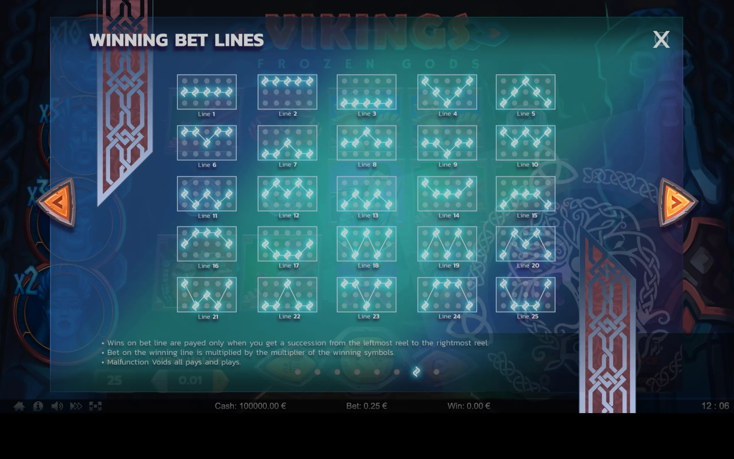 Winning bet lines layout for Vikings Frozen Gods slot game showing 25 distinct paylines with highlighted paths on a blue-green background with Norse-themed decorative elements.
