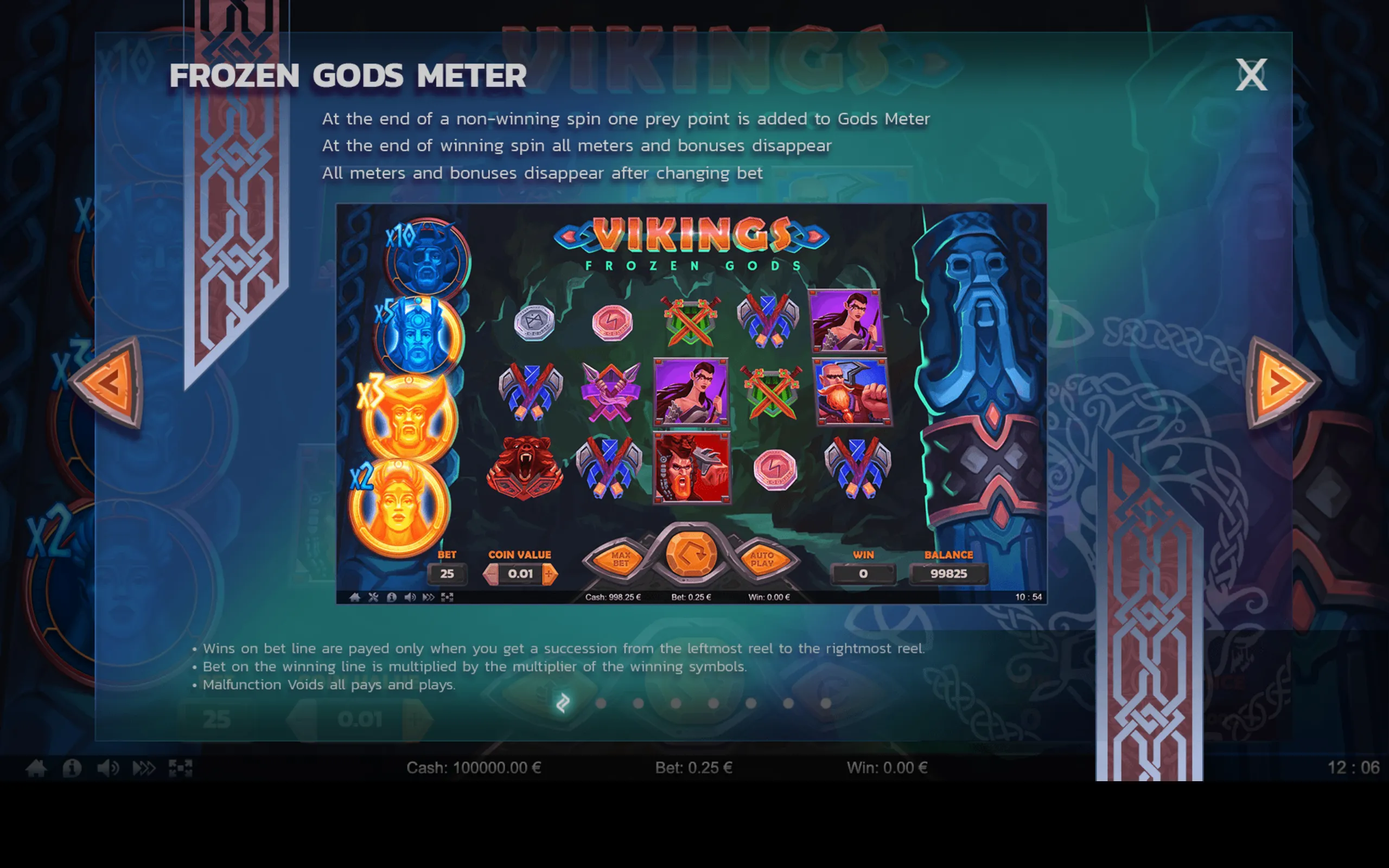 Vikings Frozen Gods slot game interface featuring a Frozen Gods Meter, Viking character symbols, and multipliers on a dark, mystical background.
