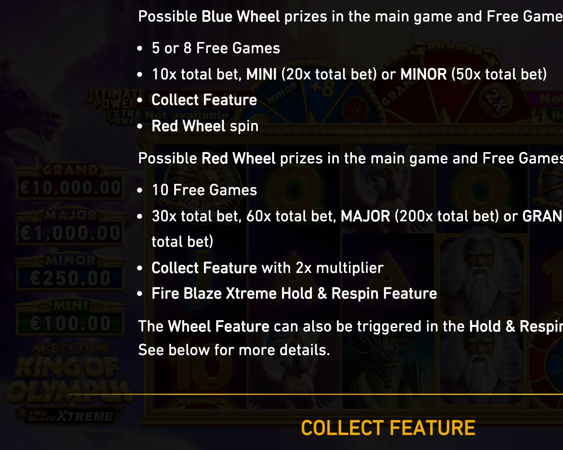 Age of the Gods: King of Olympus Fire Blaze Xtreme rules preview with Blue Wheel and Red Wheel prize lists over reels featuring Zeus, mythological creatures, jackpot tiers, and a Collect Feature label.