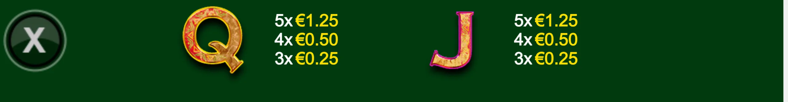 Full Moon: White King slot paytable featuring ornate Queen and Jack symbols with euro payouts on a dark green background.