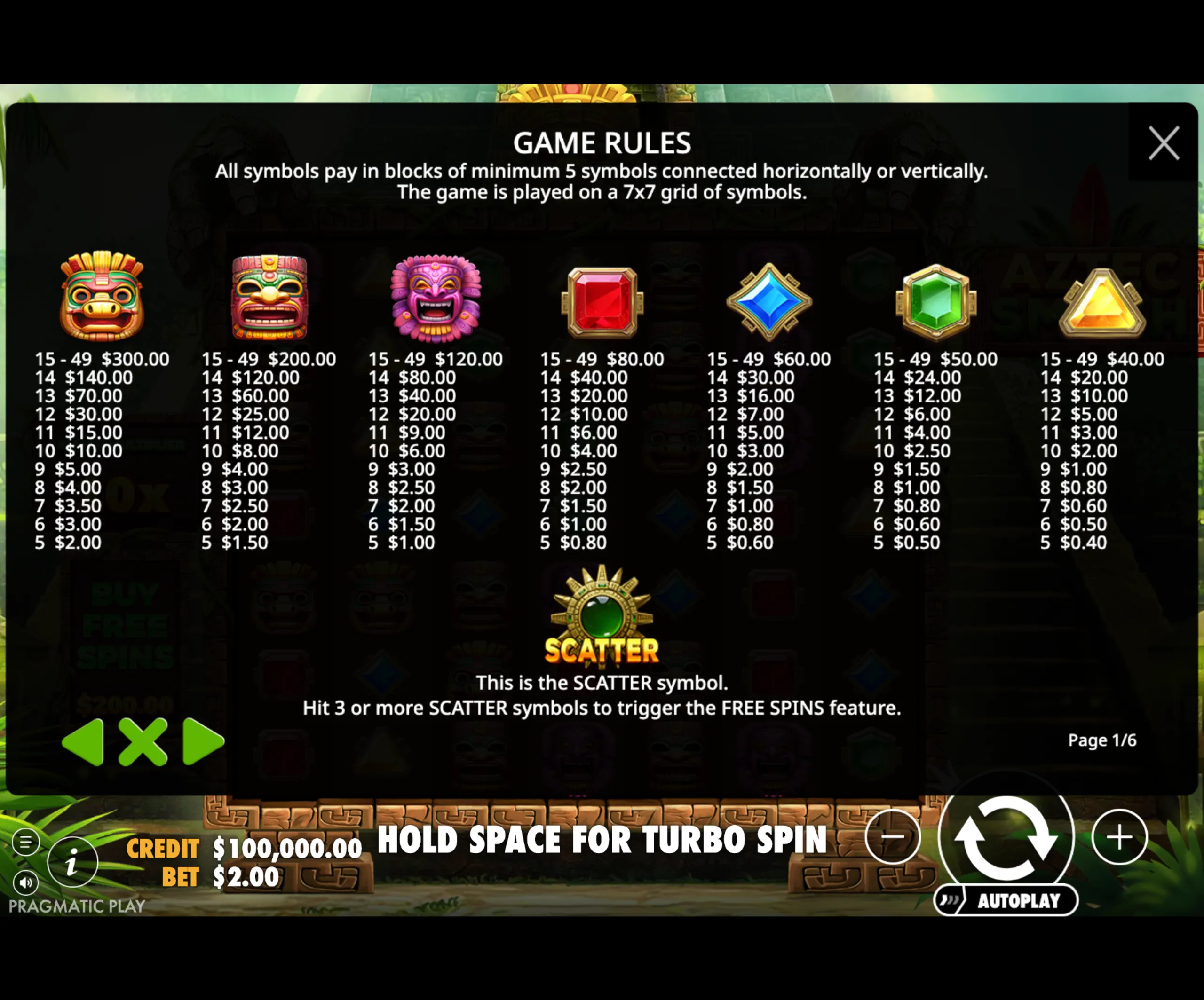 Aztec Smash slot game rules panel showing symbol payout values for a 7x7 grid, featuring colorful Aztec masks, gems, and a scatter symbol that triggers free spins.