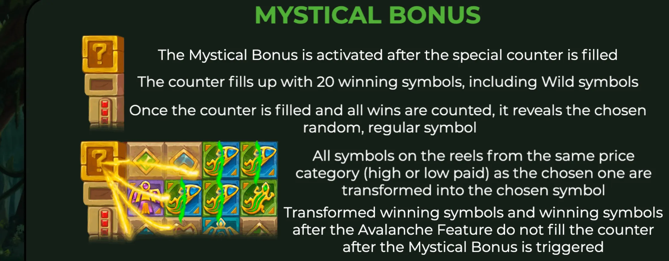 Aztec Artefacts 10000 slot game feature description showing the Mystical Bonus activation and symbol transformation mechanics with Aztec-themed symbols and counters.