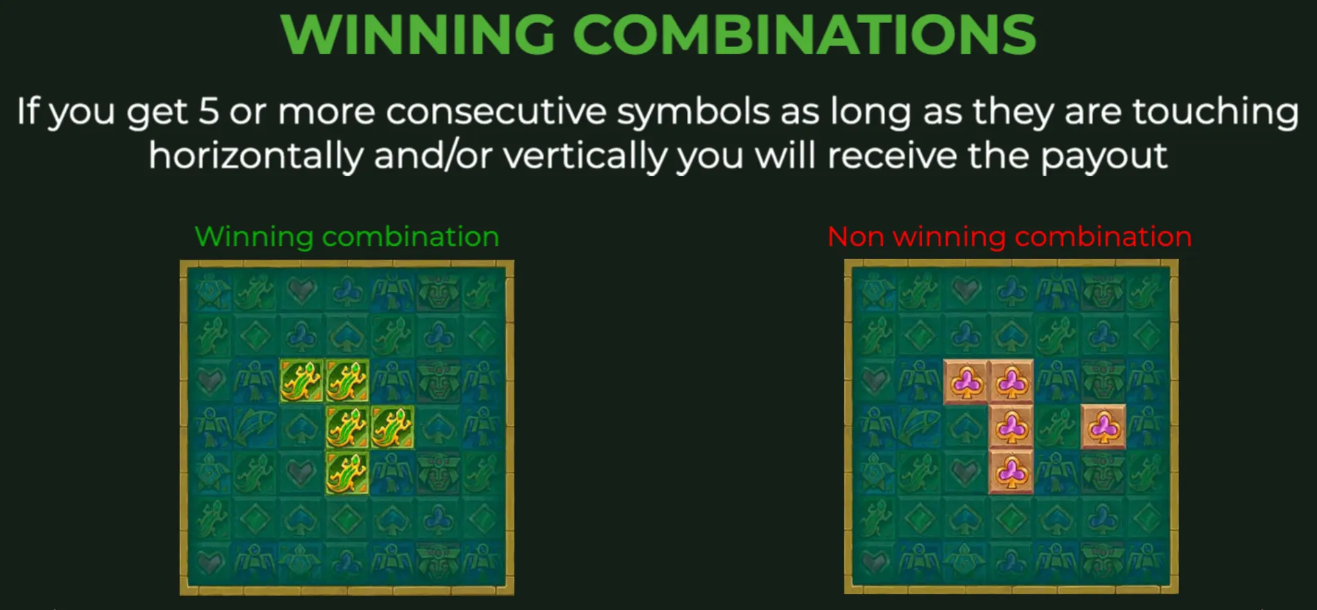Aztec Artefacts 10000 slot game guide showing winning and non-winning symbol combinations on a grid with Aztec-themed icons.