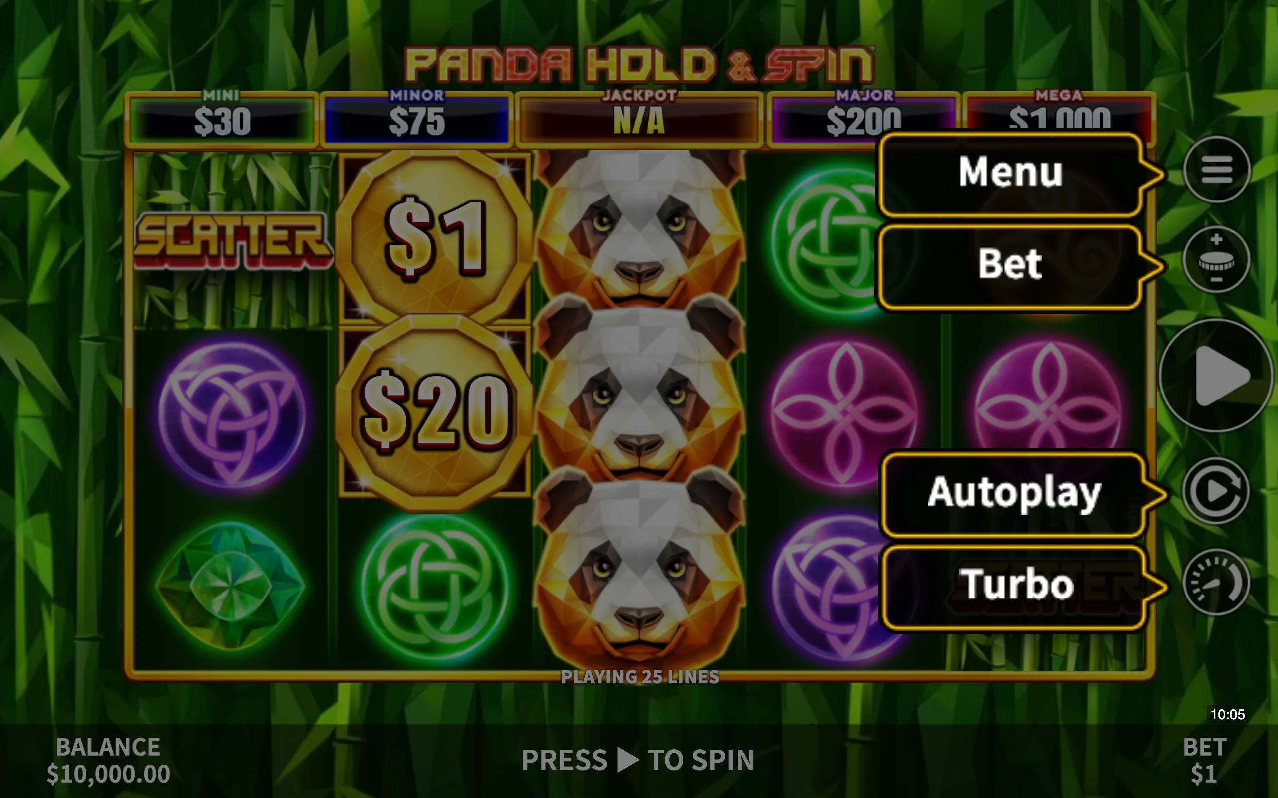 Panda Hold & Spin symbol payouts on the game board