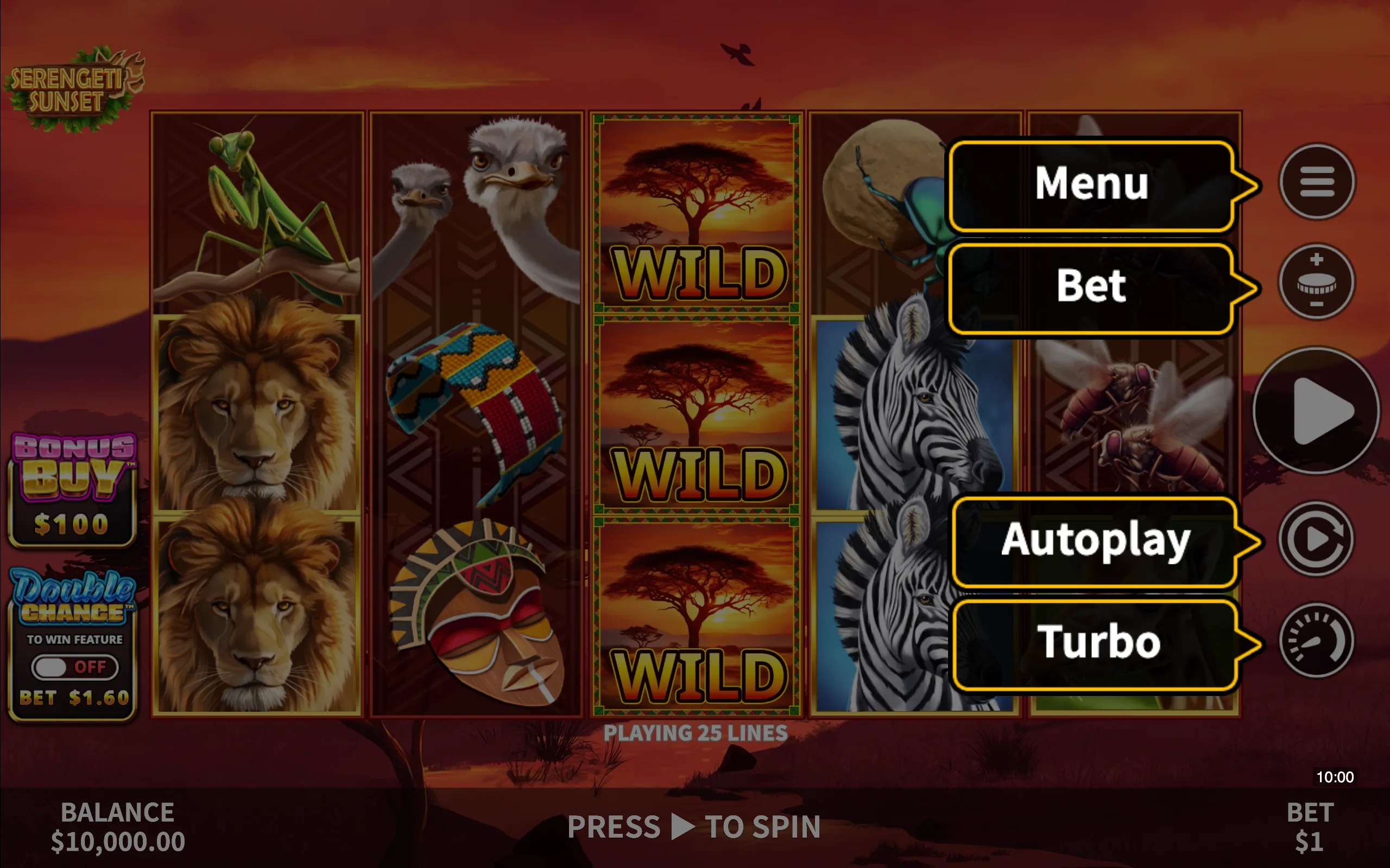 Serengeti Sunset symbol payouts on the game board