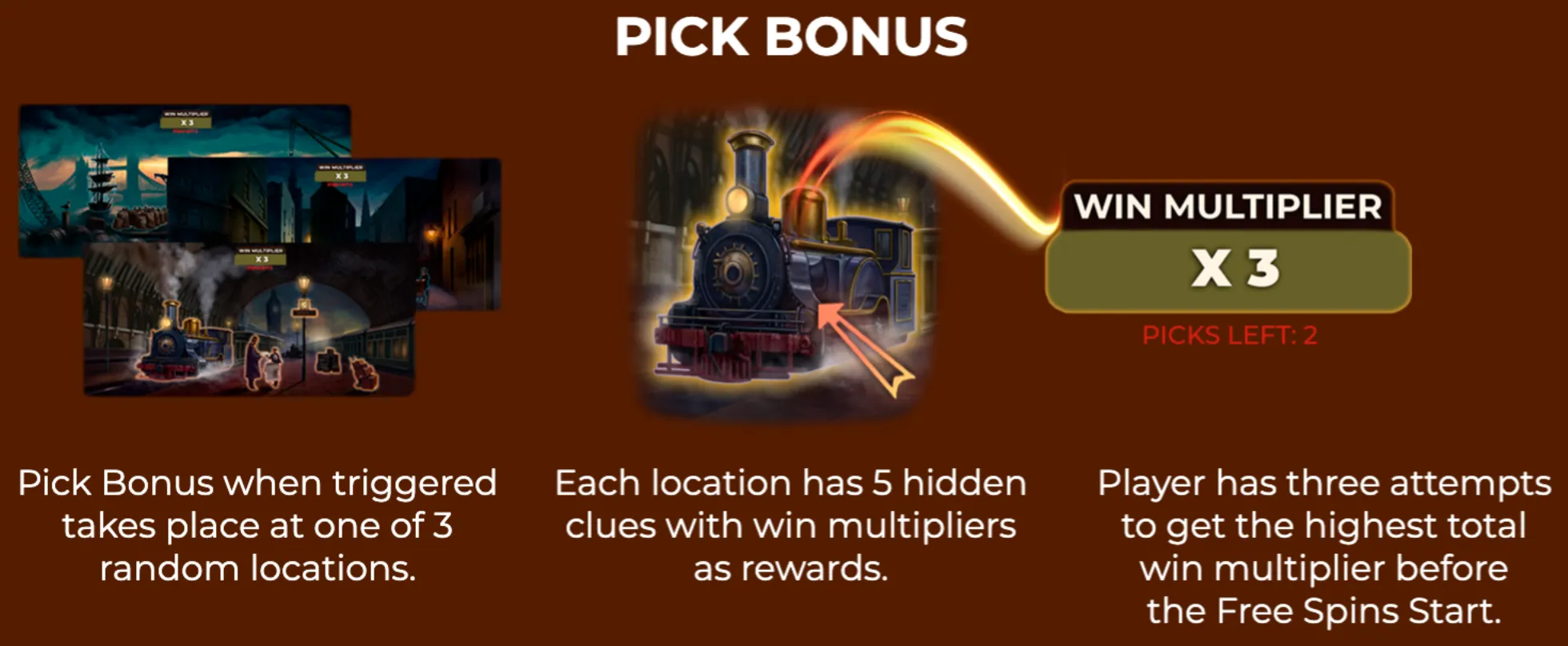 Holmes vs Moriarty slot game pick bonus feature with three random Victorian-era locations, hidden clues, and win multipliers.
