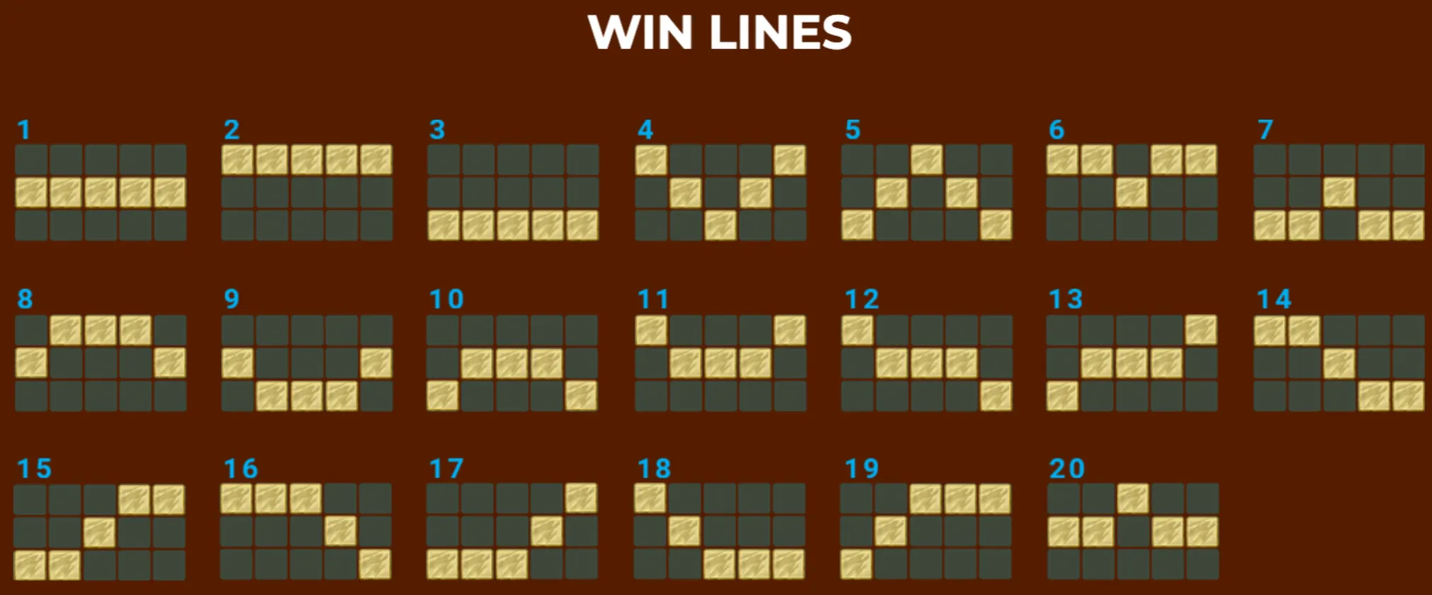 A grid layout illustrating 20 distinct win lines highlighted in gold on a dark brown background for the Holmes vs Moriarty slot game.