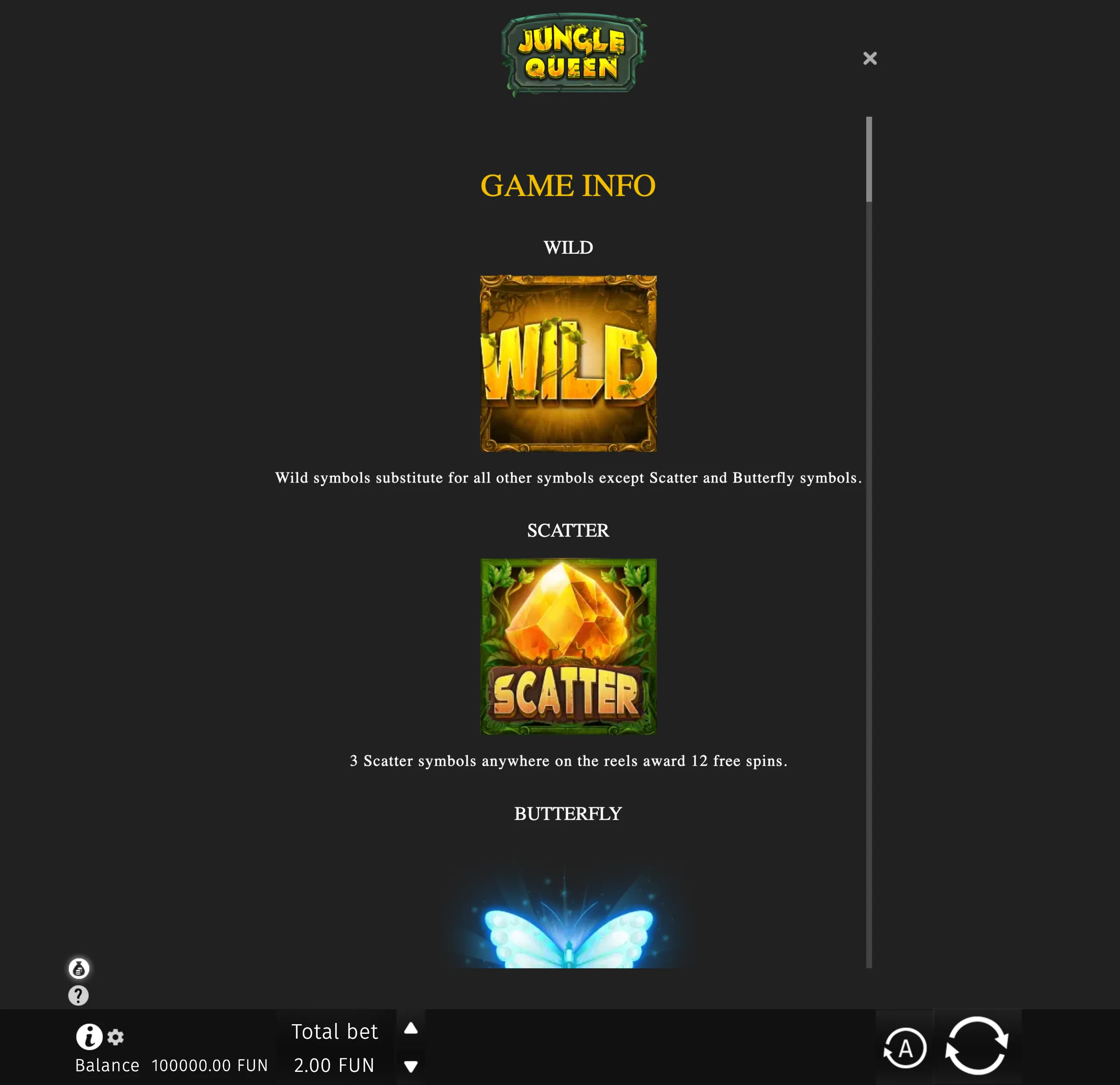 Jungle Queen slot game information panel with jungle-themed WILD, golden SCATTER, and glowing blue butterfly symbols on a dark backdrop.