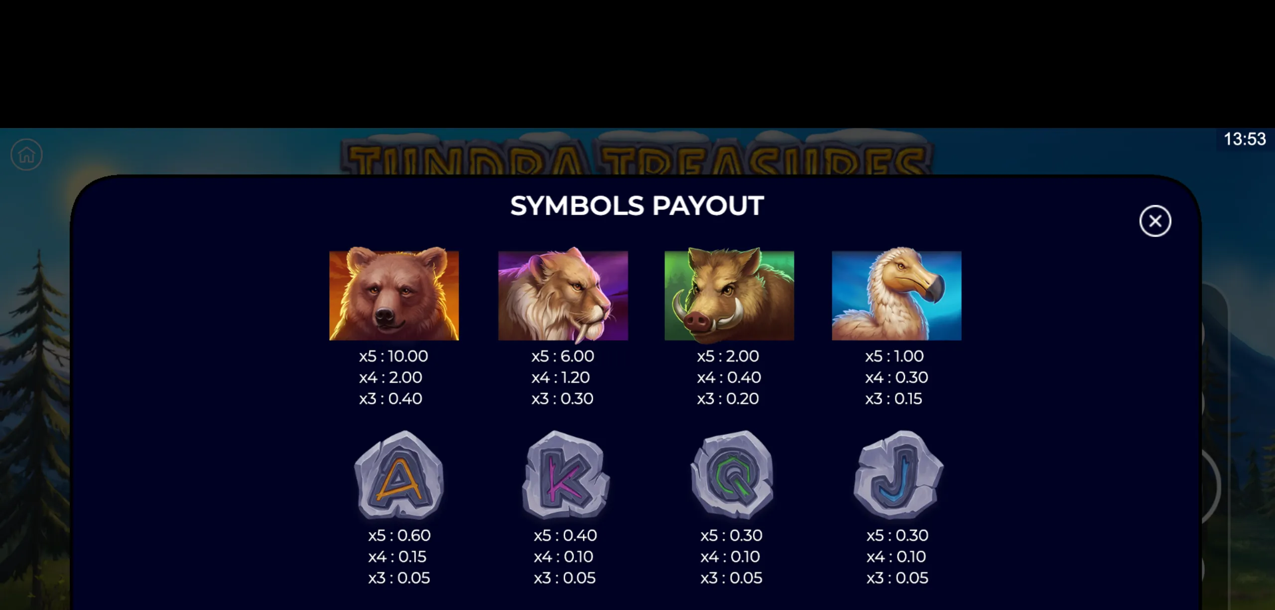 Tundra Treasures slot game payout table featuring animal symbols including a bear, saber-toothed cat, wild boar, and dodo bird, alongside stone-carved letter symbols.
