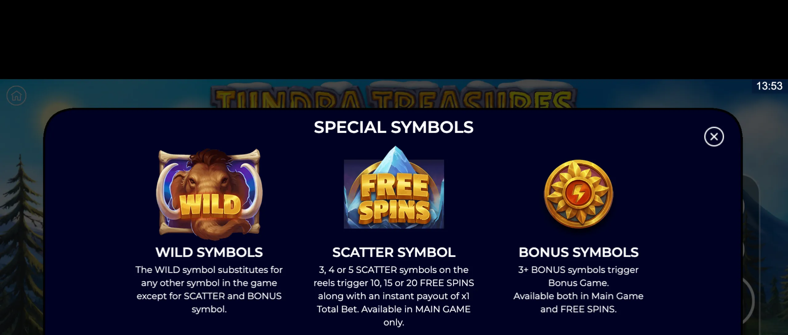 Special symbols in Tundra Treasures slot include a mammoth wild, an icy scatter for free spins, and a golden bonus symbol triggering bonus games.