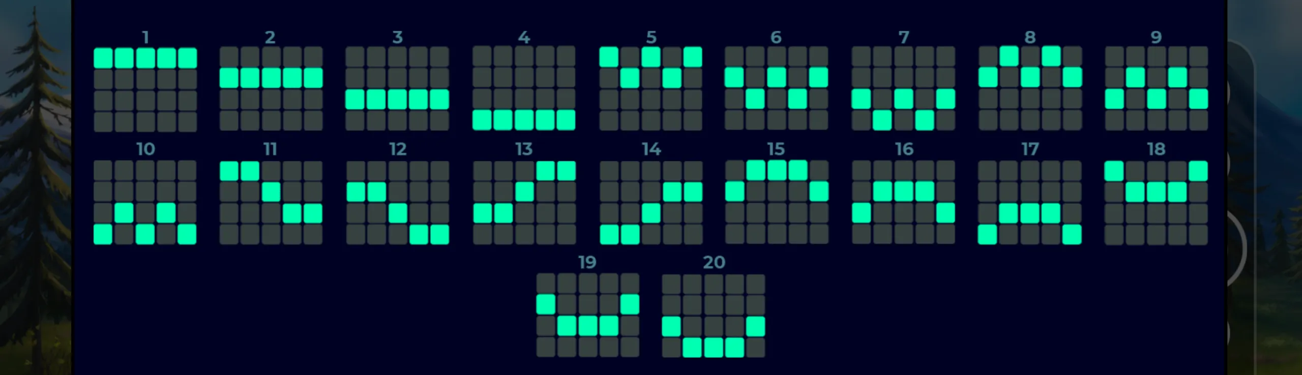 Grid layout showing 20 distinct paylines highlighted in bright cyan against a dark background, illustrating the winning line patterns for the slot game Tundra Treasures.