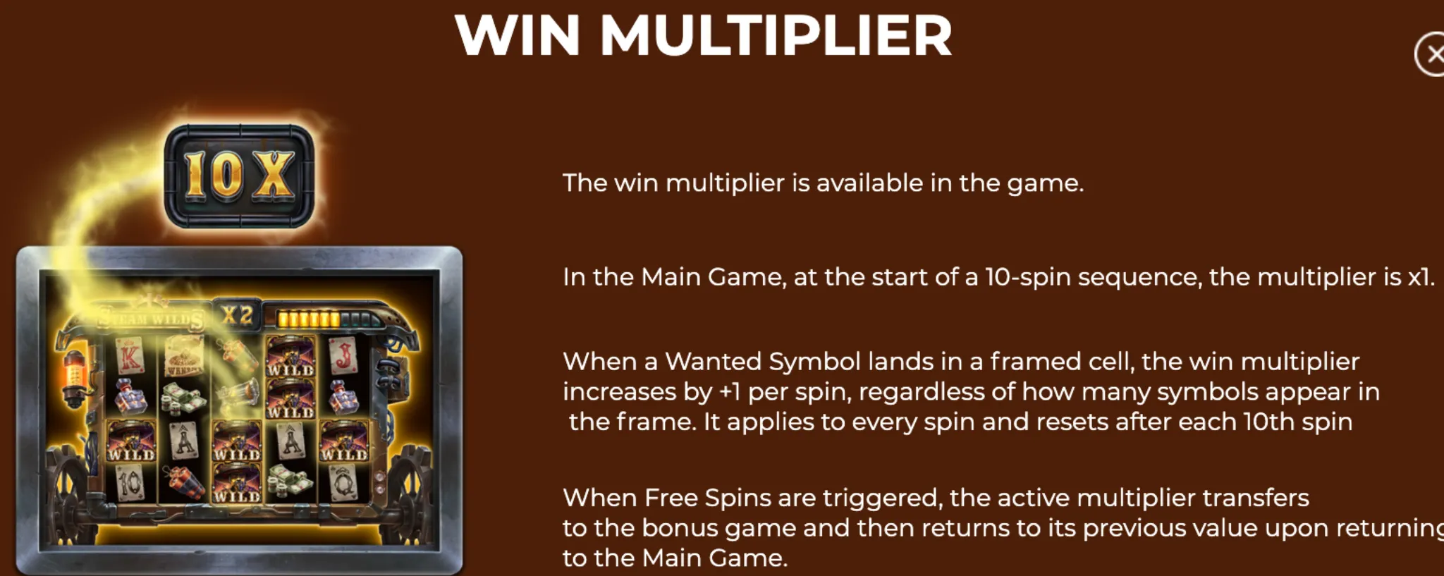 Steam Wilds slot game win multiplier feature explanation with a steampunk-themed slot machine and glowing 10x multiplier symbol.