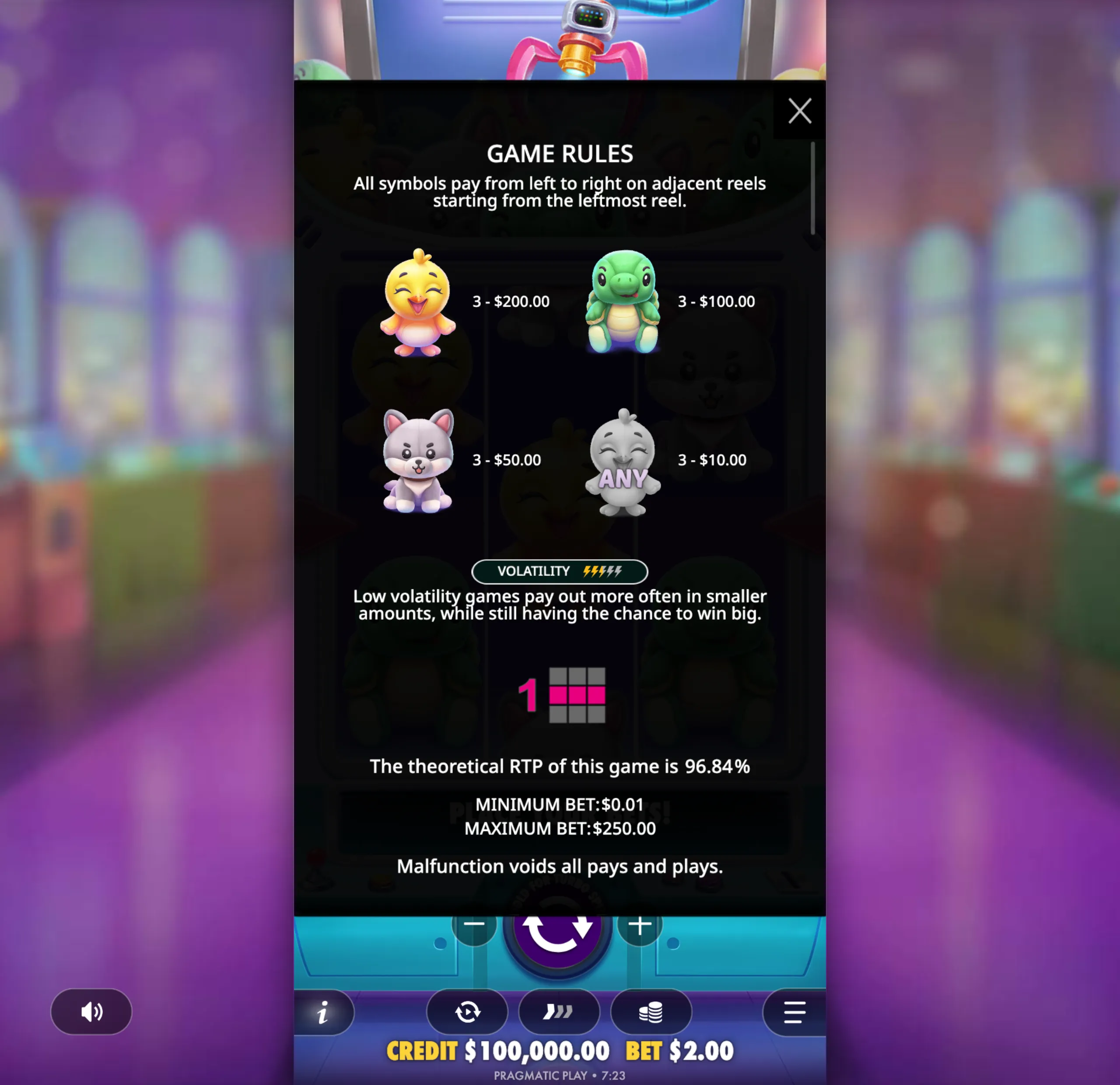 Game rules and symbol payouts for Plushie Wins slot game featuring cute plush toy symbols with payout values and volatility information.