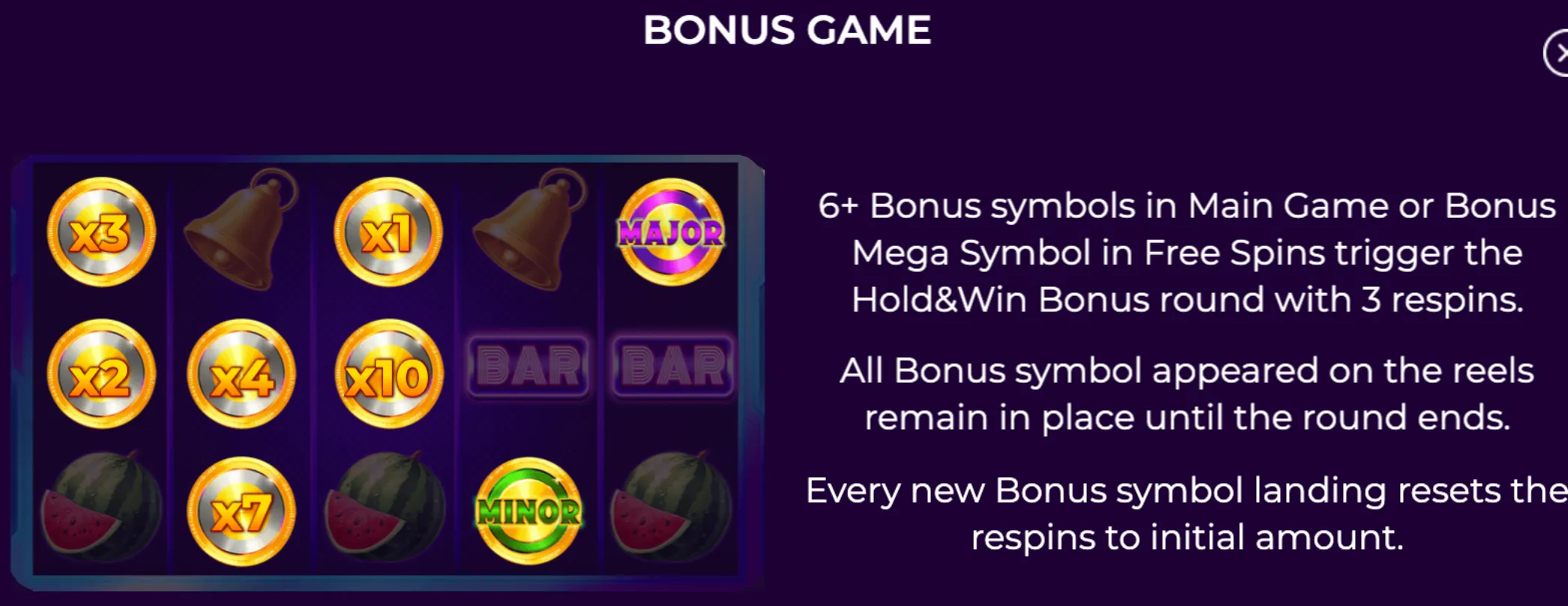 Bonus game screen of Thunder Fruits slot showing multipliers, major and minor jackpot symbols, bells, bars, and watermelons with instructions for triggering the Hold&Win bonus round.