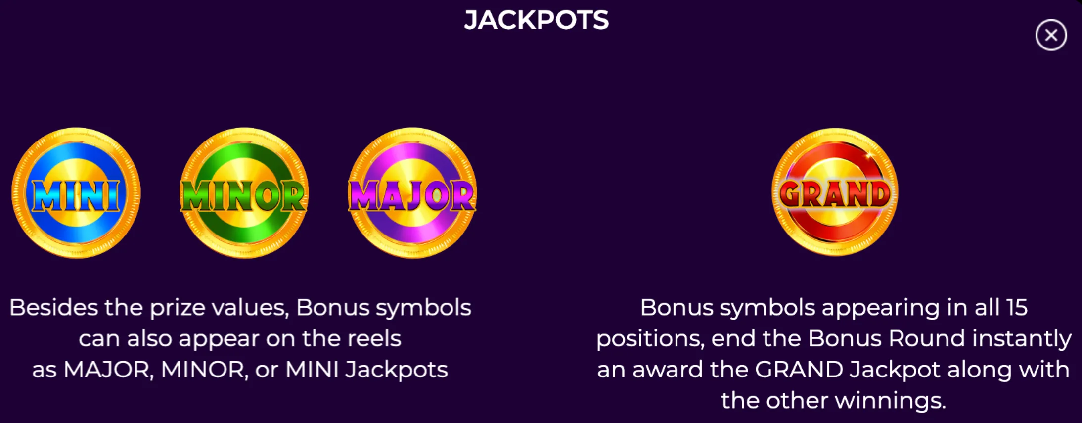 Four colorful gold coins representing the Mini, Minor, Major, and Grand jackpots in Thunder Fruits slot game with explanatory text about bonus symbols and jackpot awards.