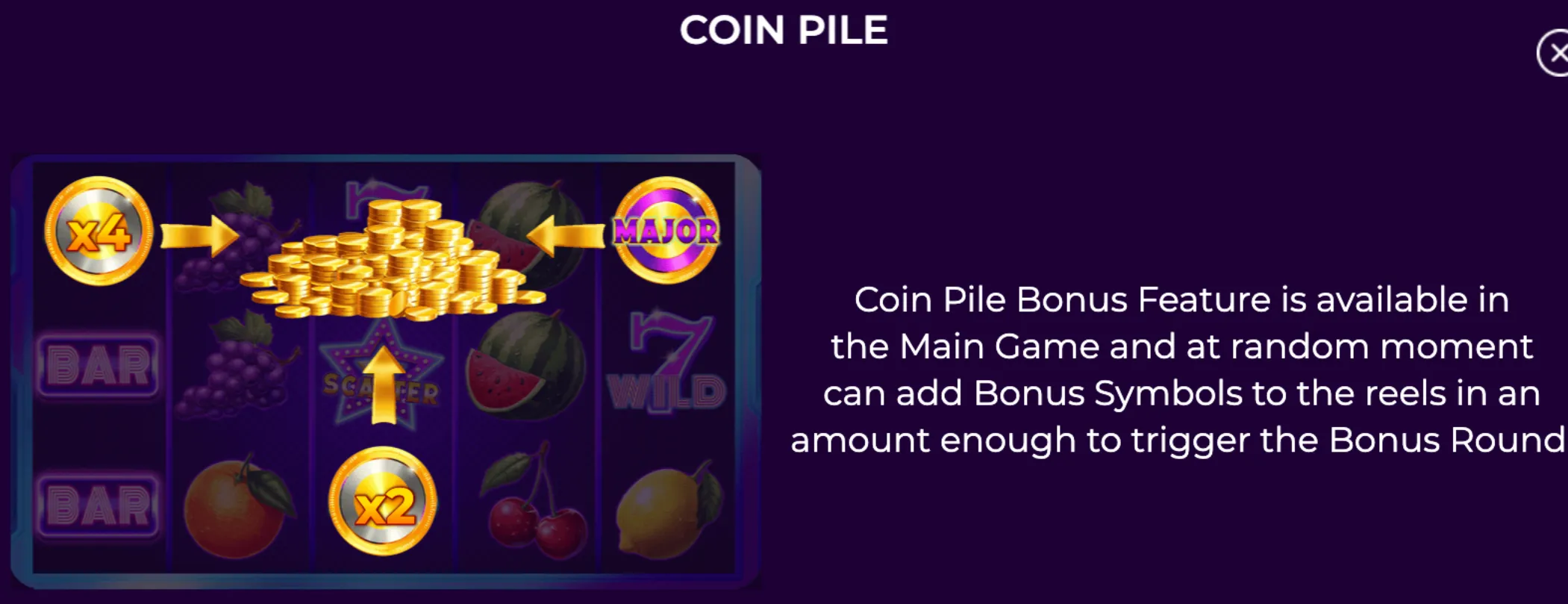 Thunder Fruits slot game Coin Pile Bonus Feature explanation with gold coin multipliers and fruit symbols on reels.