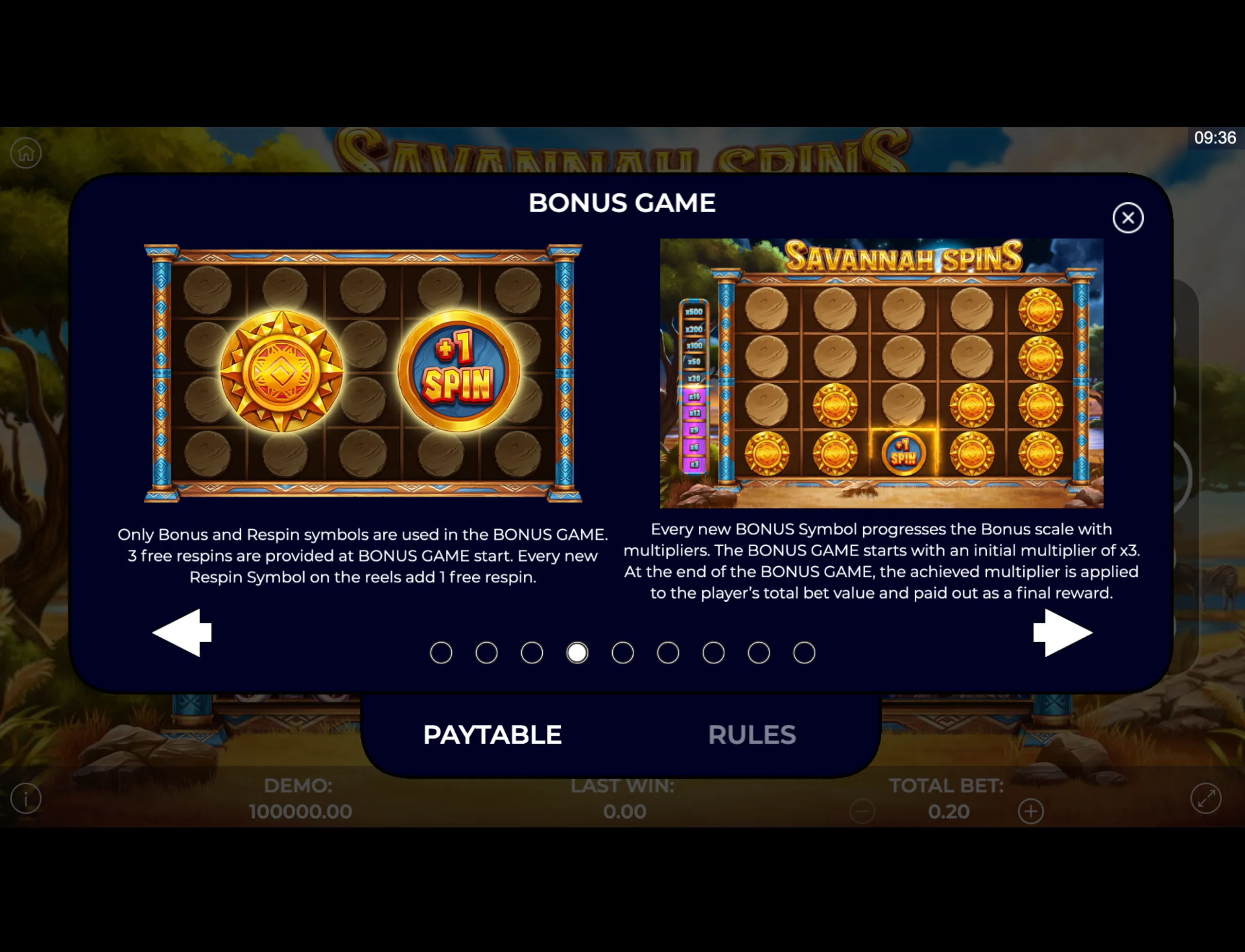 Savannah Spins slot bonus game screen showing respin and bonus symbols with a multiplier scale on the left side.