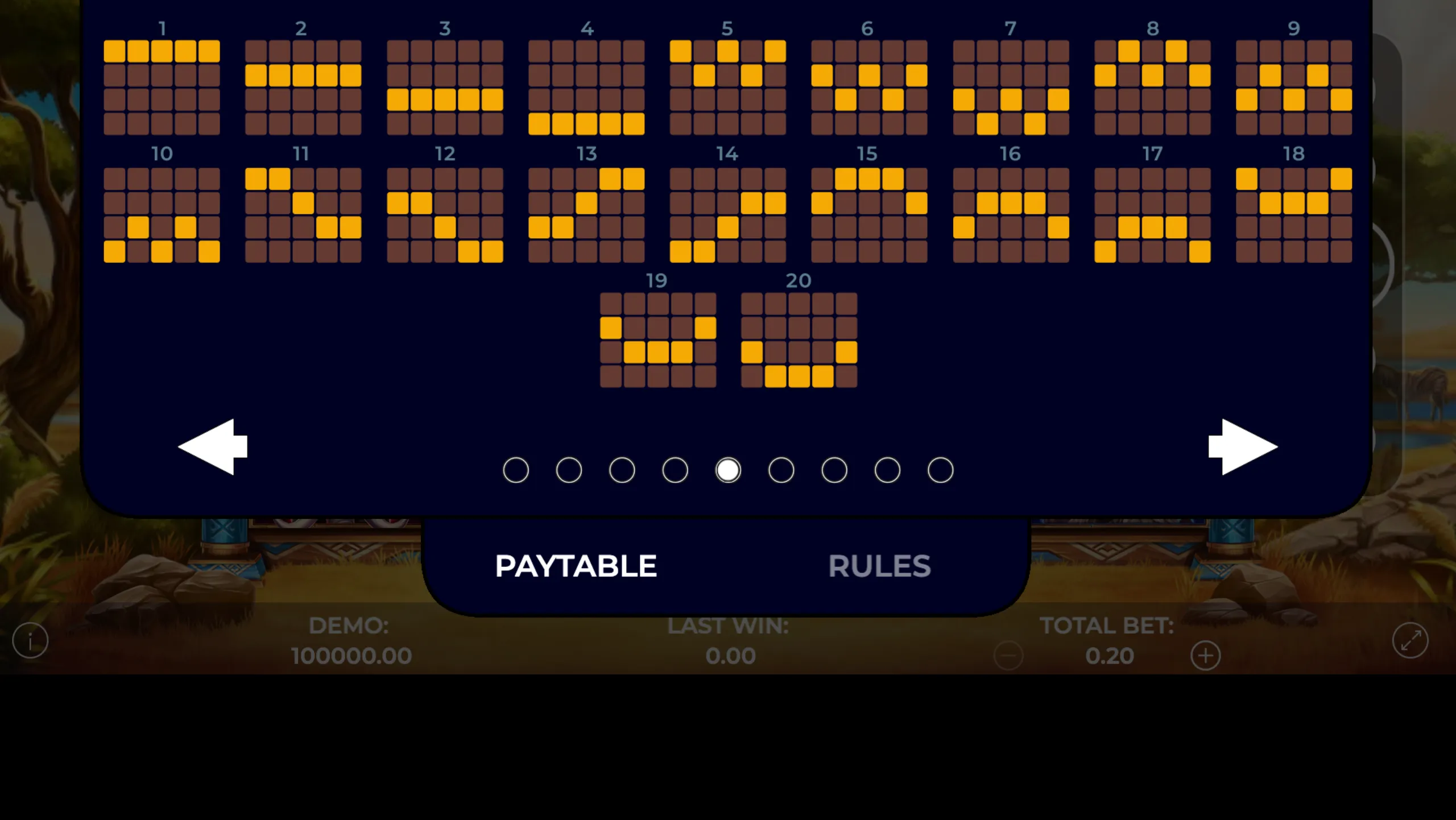 A detailed grid layout showing 20 distinct paylines in the Savannah Spins slot game, highlighting the active positions in yellow on a dark background.