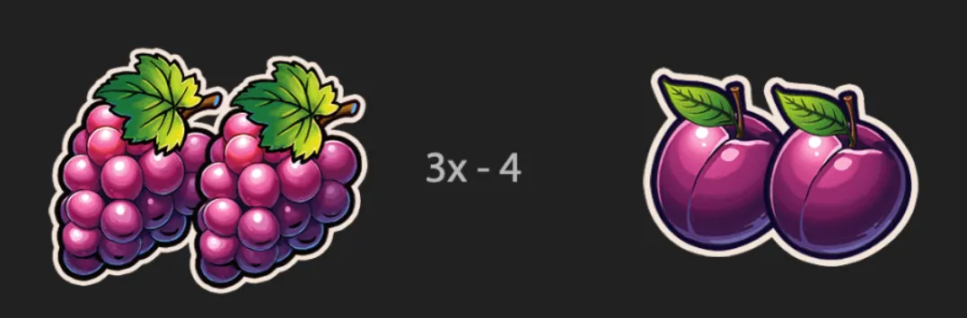 Stylized purple grape clusters and glossy plum pairs with green leaves appear against a dark background, separated by the text “3x - 4”.