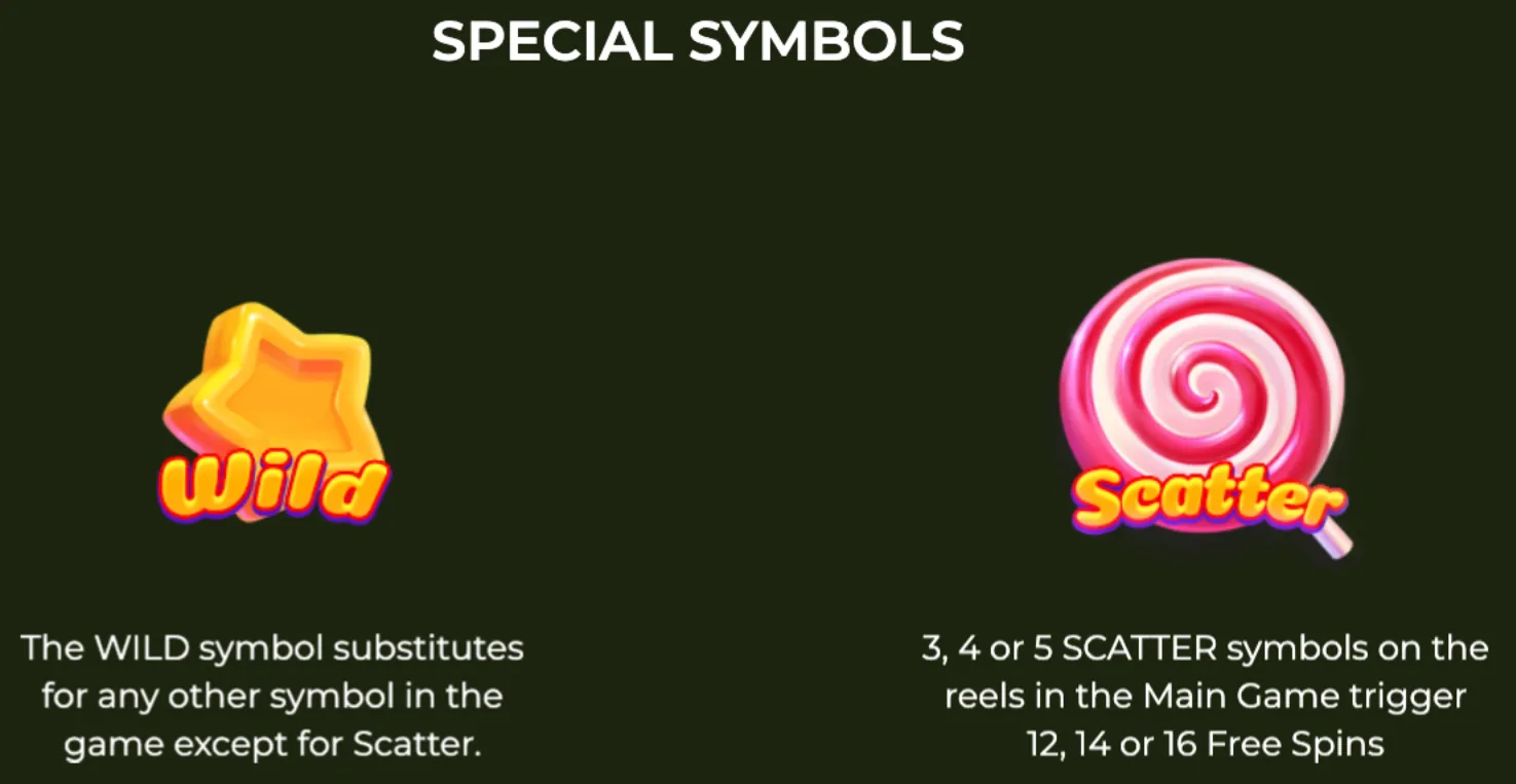 Special symbols in Candy Blast include a yellow star-shaped Wild and a pink-and-white swirl Scatter lollipop, each with unique gameplay effects.