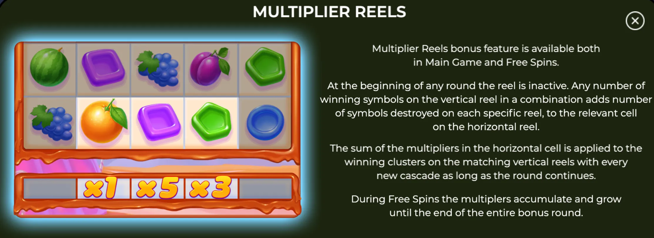 Candy Blast slot game interface showing colorful fruit and candy symbols with multiplier values beneath the reels and detailed instructions about the multiplier reels feature.