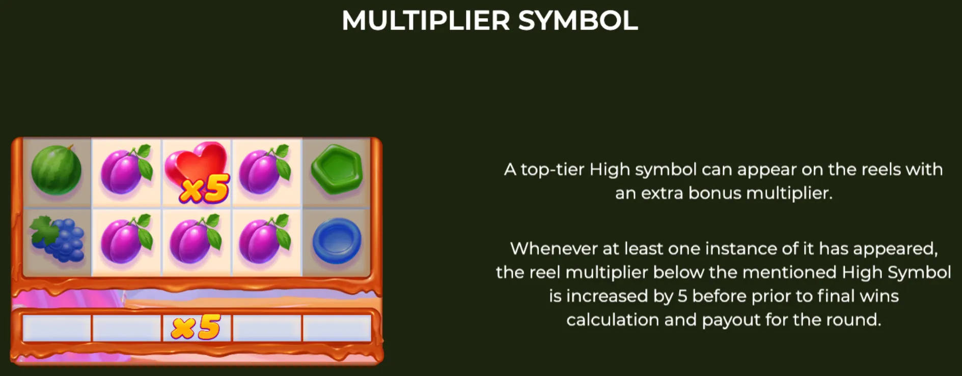 Candy Blast slot game reel with colorful fruit symbols and a heart multiplier symbol showing a x5 bonus multiplier effect.