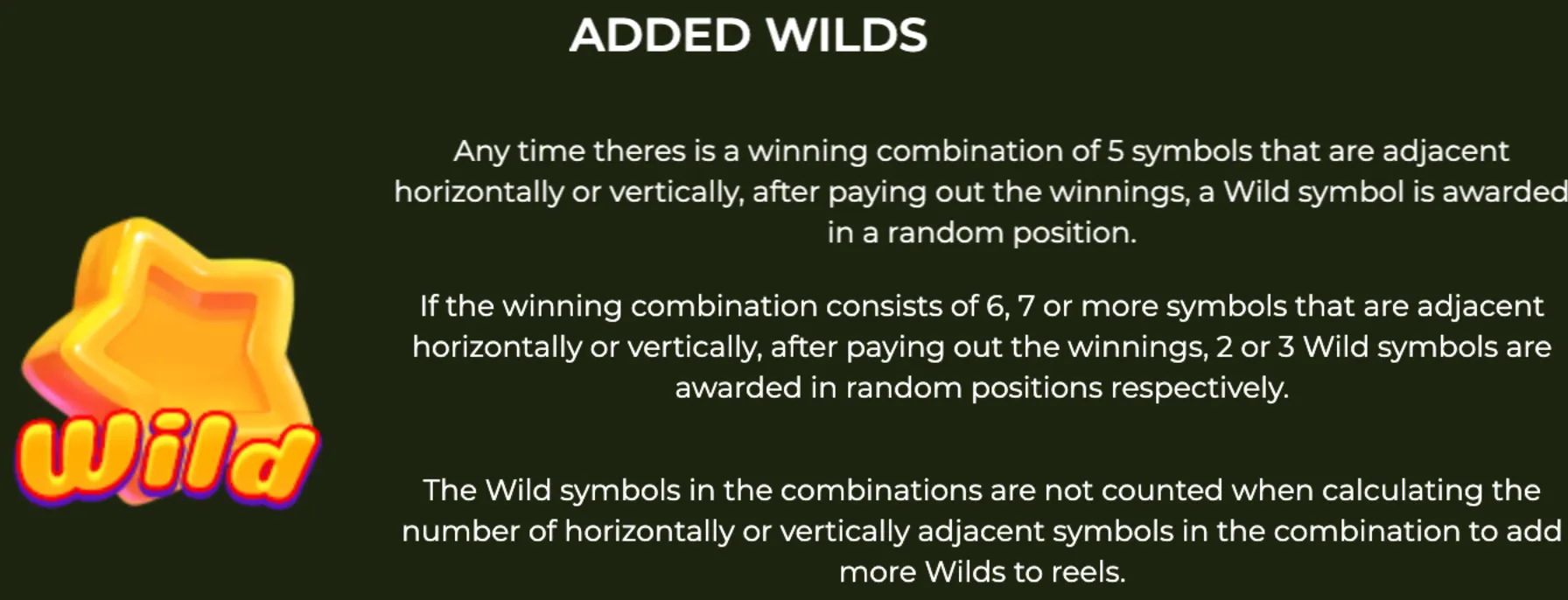 Candy Blast slot game feature explanation with a bright yellow star-shaped Wild symbol and detailed text about winning combinations and wild symbol awards.