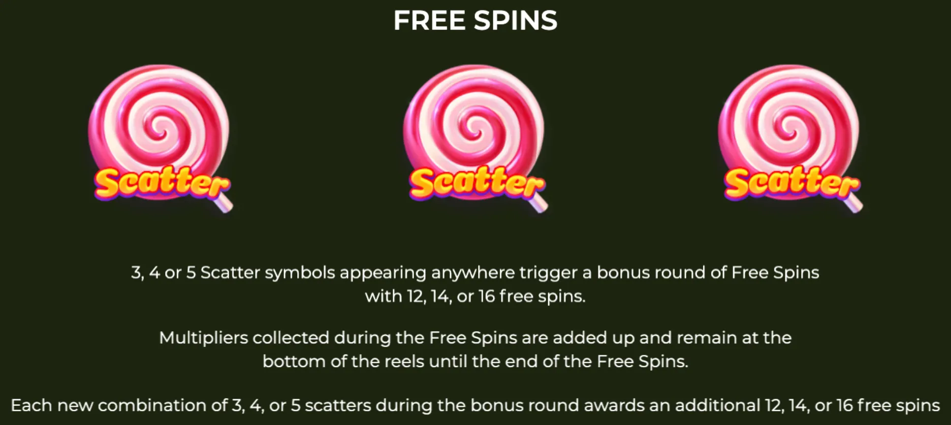 Three pink and white swirl lollipop scatter symbols from Candy Blast slot game, highlighting the free spins bonus feature with multipliers.