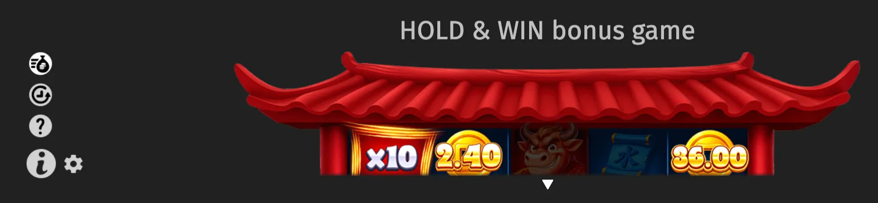 Wild Tiger 2 slot bonus preview featuring a red Chinese temple roof, dragon emblem, gold coin values, and a visible x10 multiplier in the Hold & Win bonus game.