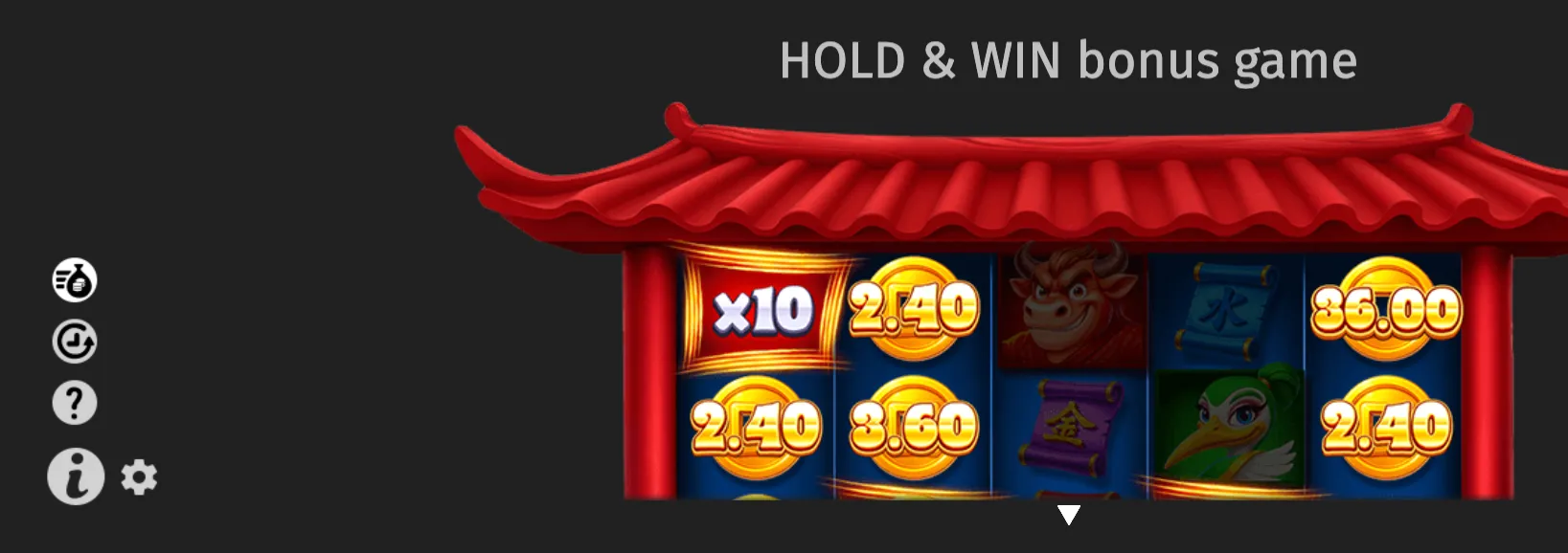 Wild Tiger 2 Hold & Win bonus game with gold coin values, a x10 multiplier, and Chinese-inspired red pagoda styling.