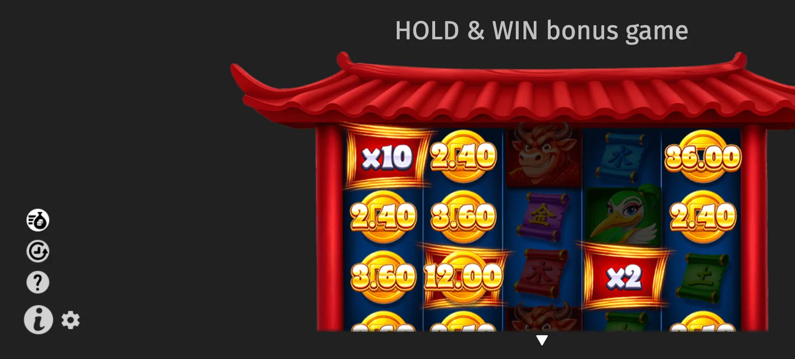 Hold & Win bonus game with gold coin values, x2 and x10 multiplier symbols, and Chinese-inspired reel symbols beneath a red temple roof.